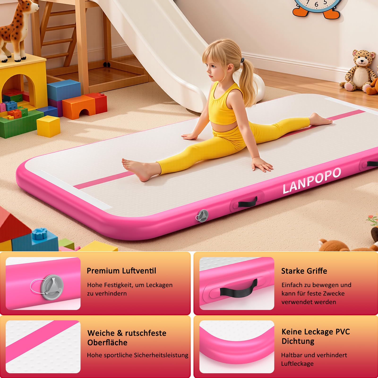 Airtrack Gymnastikmatte – Aufblasbare Turnmatte 2M/3M/4M/5M in Pink, Luftdicht, Weich Aber Stabil, Einfach Aufzubauen & zu Verstauen – Für Kinder, Zuhause, Yoga, Cheerleading & Wasserspaß