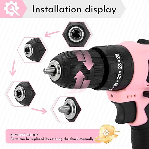 Miniatura 4 de ALATIN Juego de destornilladores de iones de litio inalámbricos de 21 V, 1 batería, cargador y bolsa de almacenamiento incluidos, cinta rosa