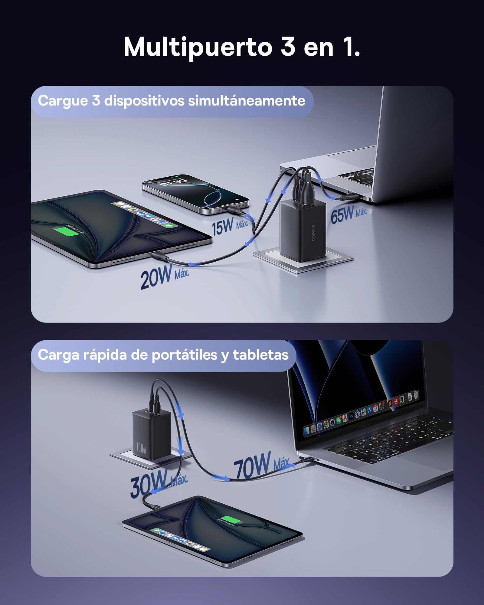 Baseus Enerfill Cargador USB C 100W, 3 Puertos USB C, PD con PPS, GAN Cargador Carga Rapida Compatible con MacBook Pro/Air, iPad Pro, iPhone 17/16/15/14/13 Serie, Galaxy S25/24, Pixel 9 8, Steam Deck