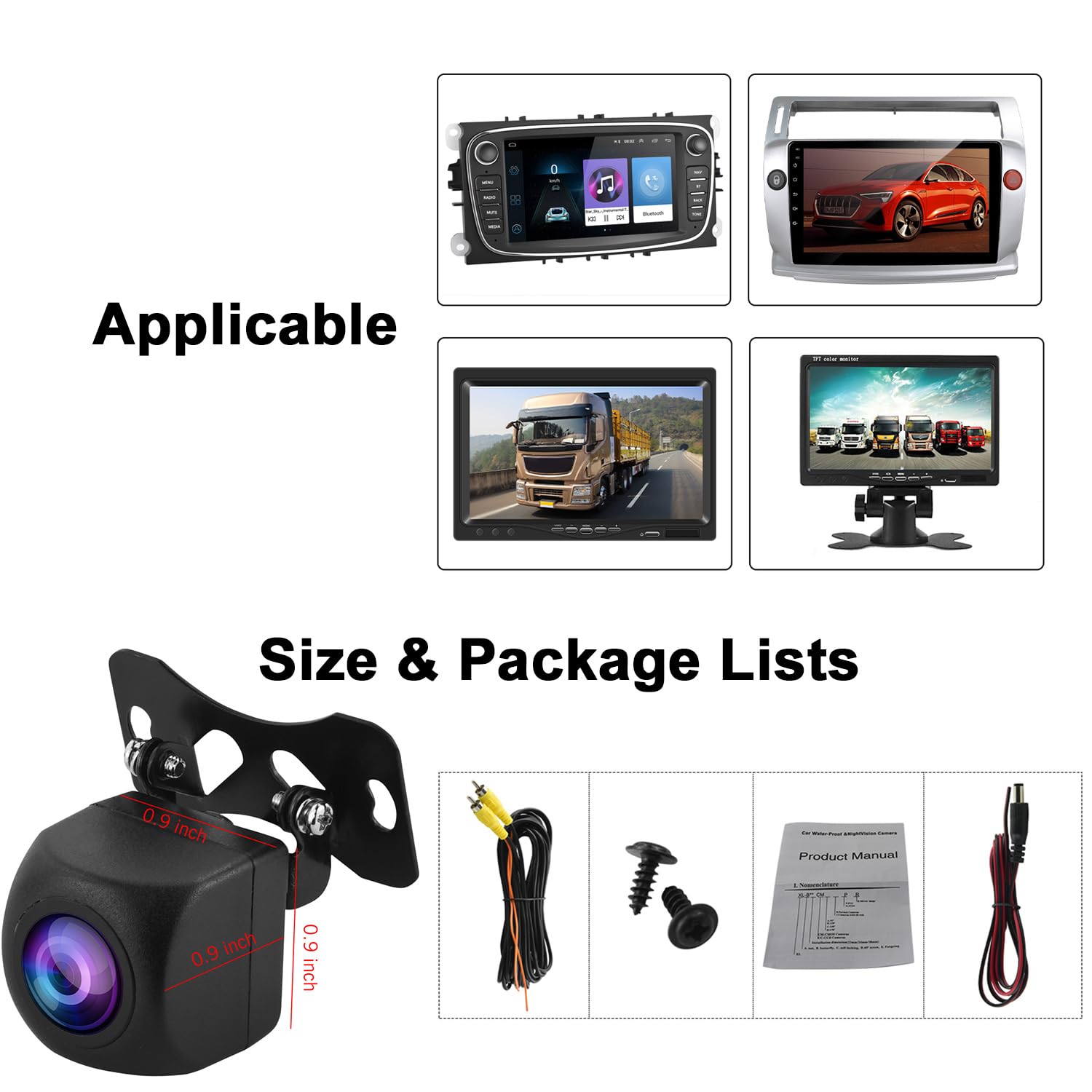Inefala Telecamera per Retromarcia IP68 Resistente all'acqua 170° Telecamera per Auto DC 12V AHD/CVBS Super Night Vision Telecamera per Auto Cavo 6M Per Caravan/Auto/Camion/Suv/RV/Van 12V