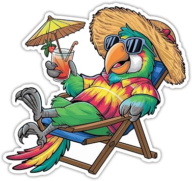 Tropical Parrot Sticker Relaxing Beach Parrot Vinyl Decal | Waterproof, 5-Inch Animal Sticker for Laptop, Water Bottle, Car Bumper, Notebook, Tumbler, Cooler