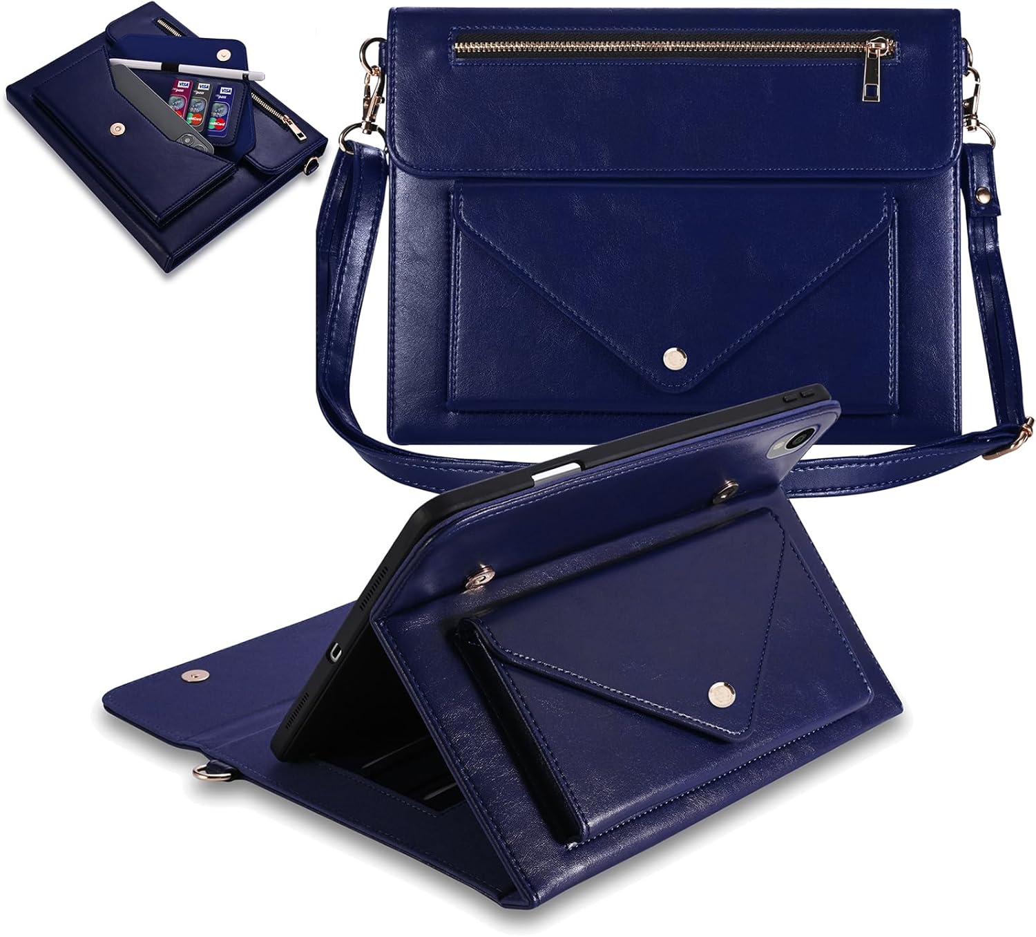 Dteck for iPad Air 3rd Generation/iPad Pro 10.5" Folio Case 2019/2017 with Shoulder Strap, Built-in Pencil Holder/Pockets/Card Cash Slots, Button Closure, PU Leather Shell Fold Stand Cover, 04 Blue