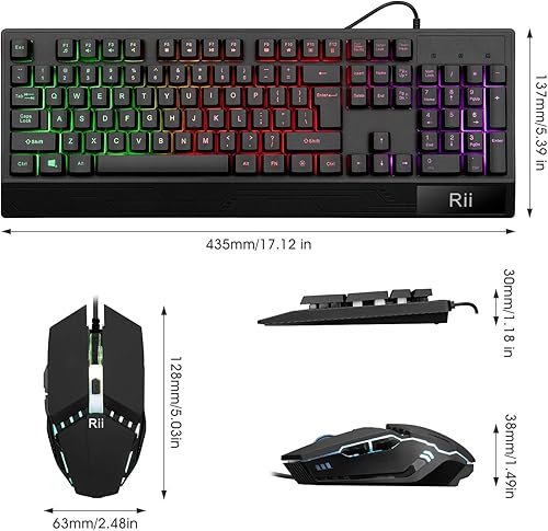 Miniatura 2 de Rii Combo de teclado y mouse para juegos, cable USB, teclado retroiluminado LED RGB de 104 teclas con reposamuñecas para PCportátil (negro)