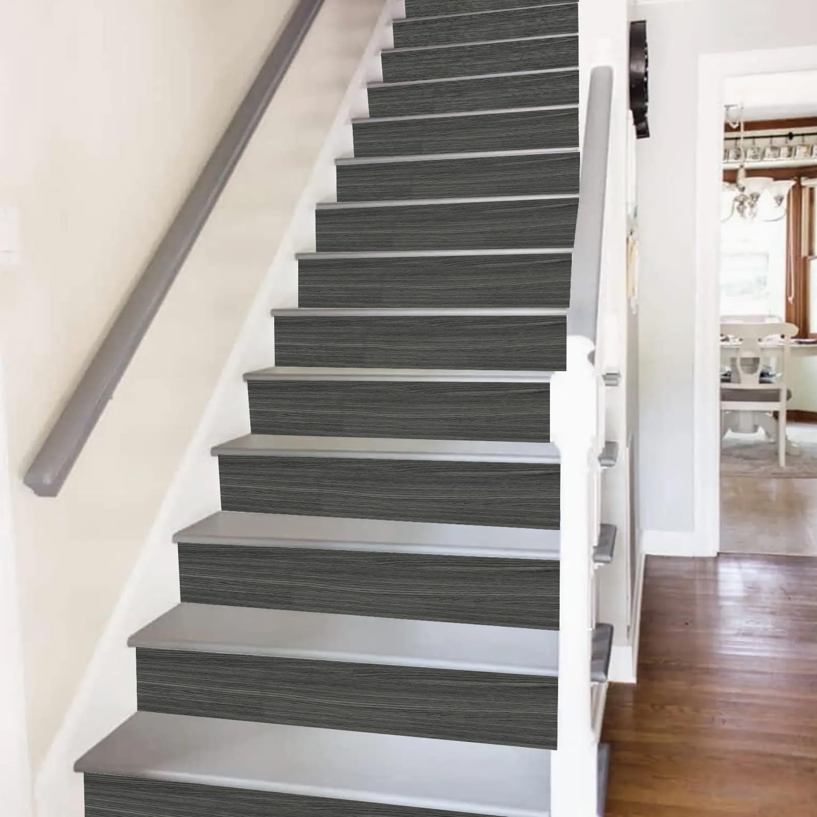 Inscrip Stair Stickers, Pack of 13, Vintage Wood Grain Self-Adhesive Stair Stickers, 18 x 100 cm, Wood Look Stairs Decor, Kitchen Bathroom Tile Stickers, DIY Furniture Stickers (Dark Grey)