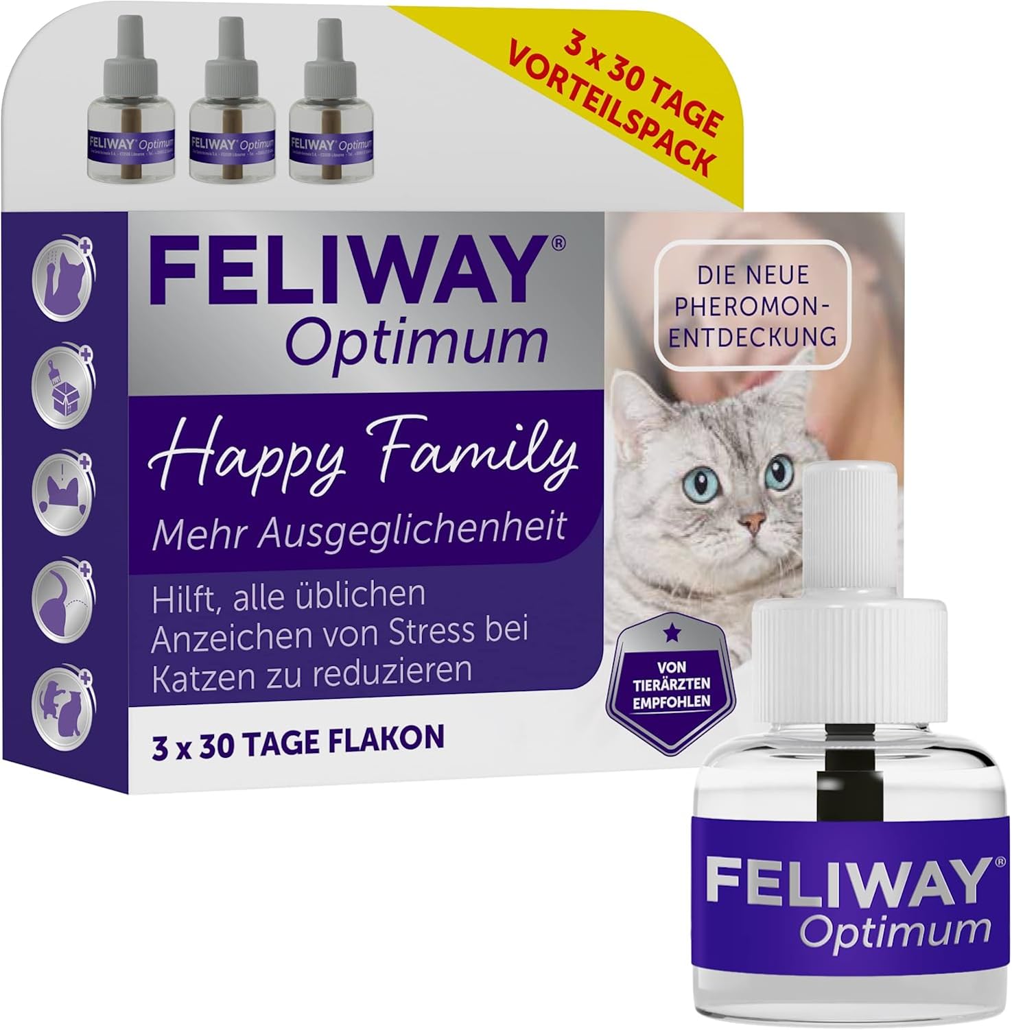 FELIWAY Optimum 3x30 Tage Vorteilspack für Pheromon Verdampfer, 3x48ml - Hilft Anzeichen von Stress bei Katzen und Kitten zu reduzieren, von Tierärzten empfohlen, klinisch getestet, für mehr Harmonie