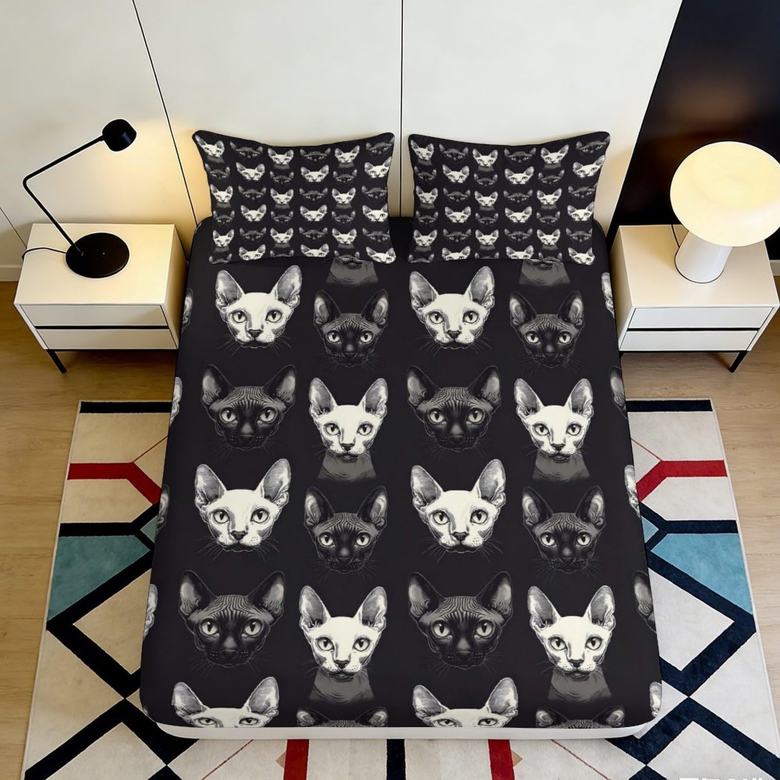 Jqzkxnhpbr Style-3 3D Printed Cat Face Black Fitted Sheet Microfiber Soft Decorative Animal Pattern Bed Cover For Bedroom Guestroom 90X200x25cm