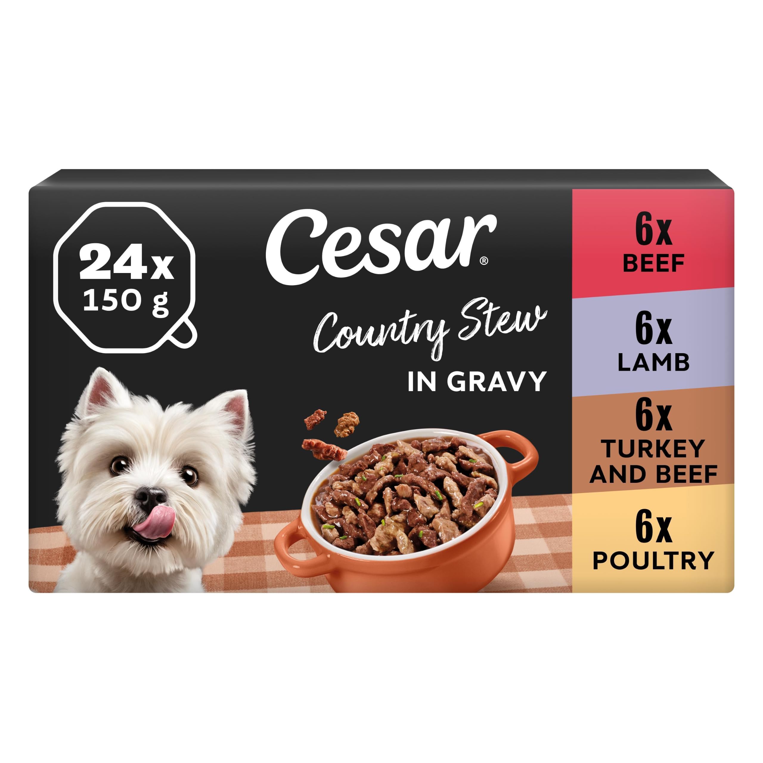 24 x 150g Cesar Country Stew Adult Wet Dog Food Trays Mixed Selection in Gravy