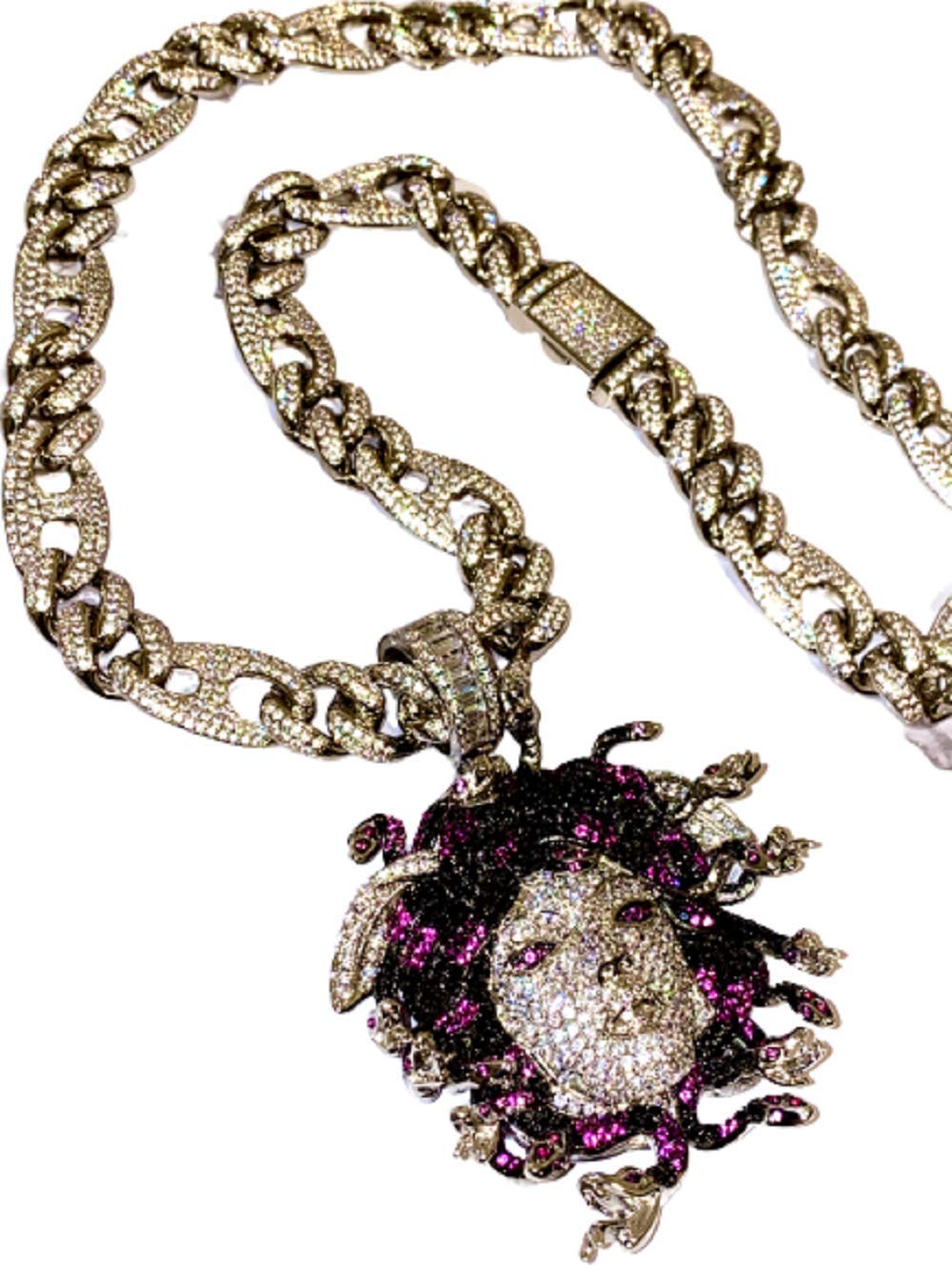 Mens 14k White Gold Finish 8mm Miami Cuban Link Choker Snake Greek God Medusa Head Necklace Iced Pro