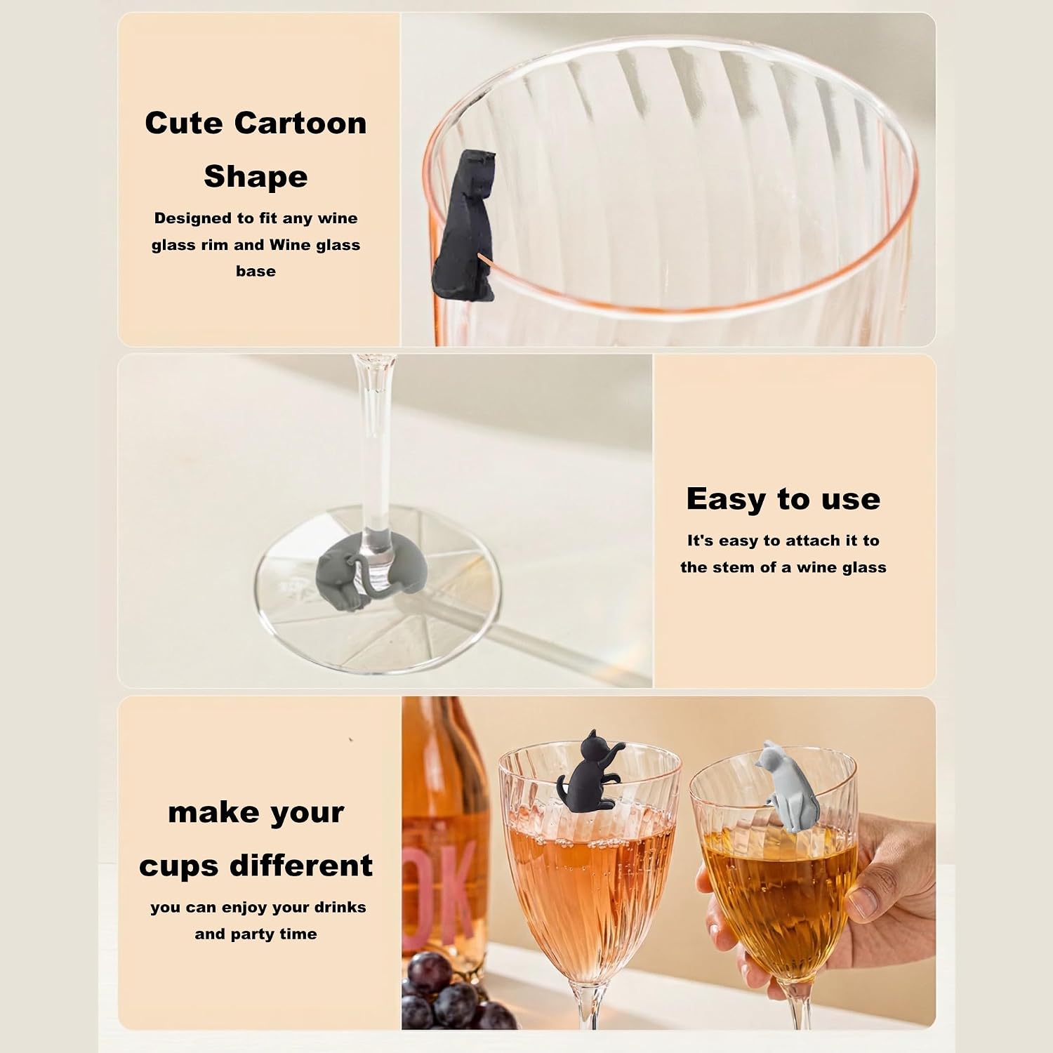 12PCS Cute Cartoon Cat Wine Glass Charms,Silicone Wine Glass Markers