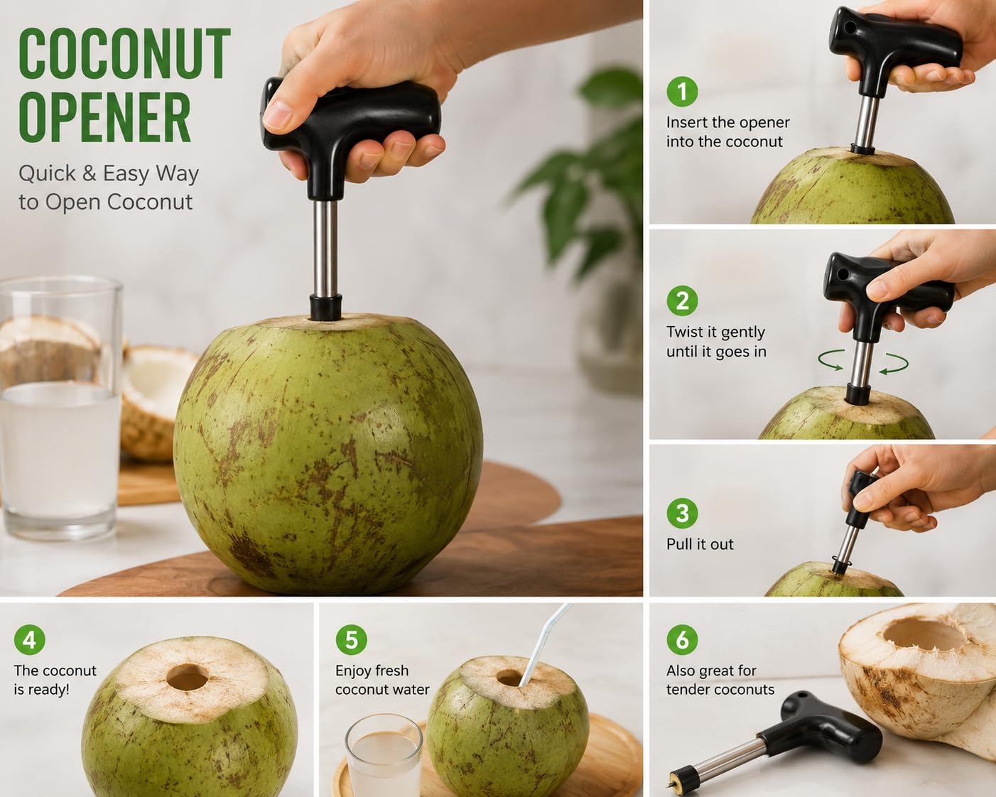 Coconut Opener Tool, Stainless Steel, Ergonomic Handle, Quick & Easy Opening for Green and Tender Coconuts