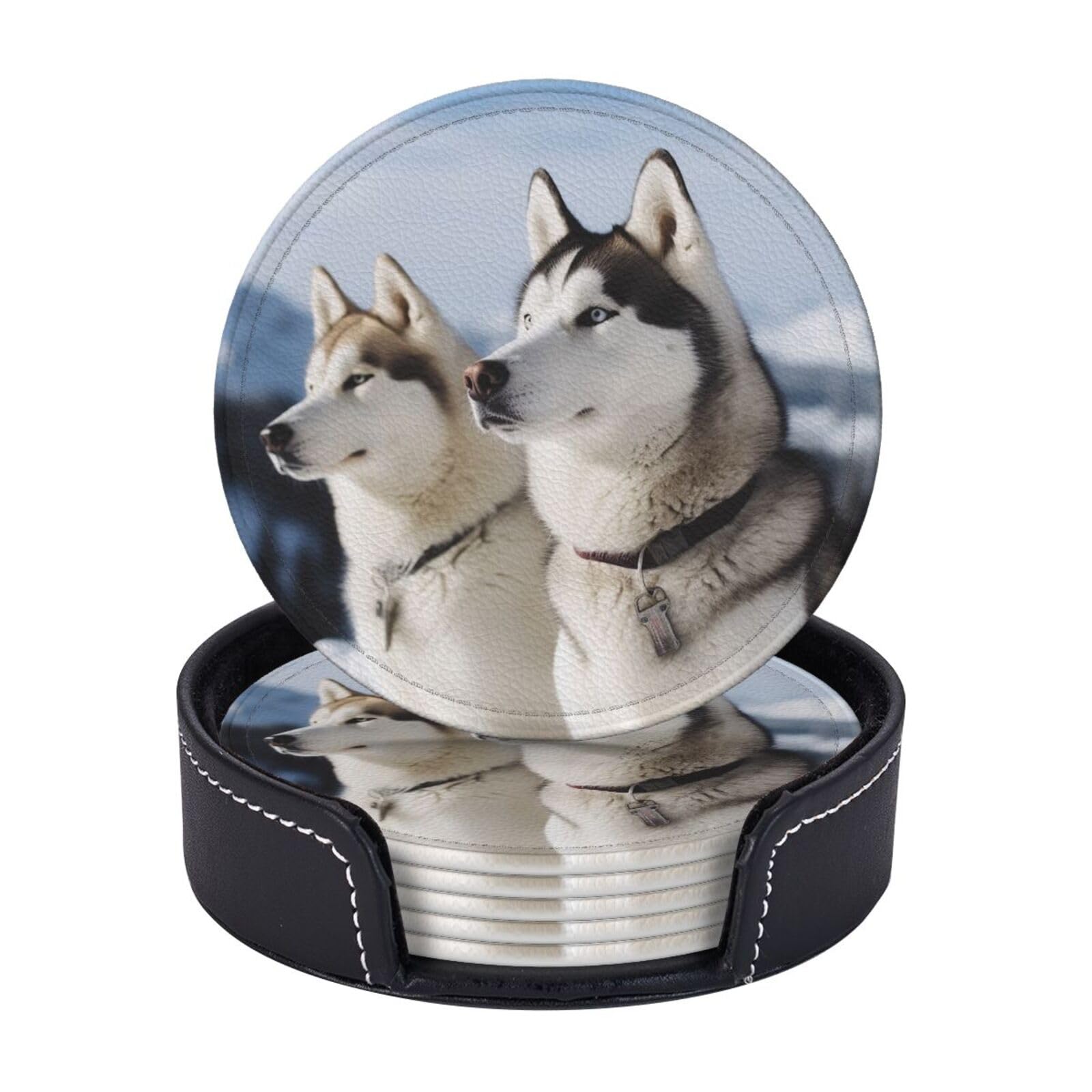 Round Coasters for Drinks Set of 6 - PU Leather Coasters with Holder - Modern Drink Coasters for Coffee Table - Husky Dogs Coaster for Tabletop Protection 4" Cup Mat Pad