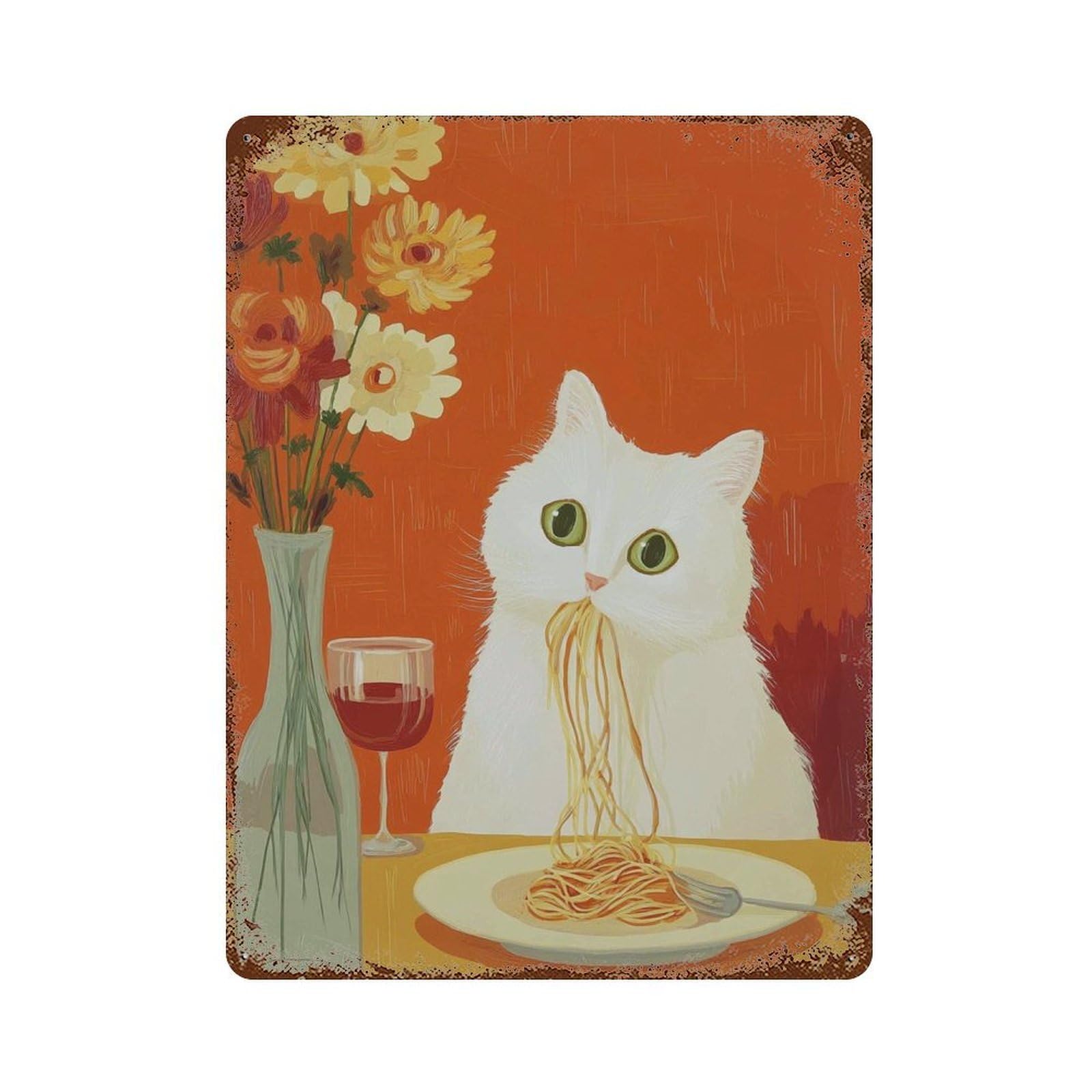 xiaoxiaoshen Cat Eating Spaghetti Funny Kitchen Whimsical Dining Cute Animal Pasta Quirky Foo Wall Decor Art Metal Tin Poster Modern Home Decor Art Home Bar Shop Decorations Vintage Sign 40x30cm