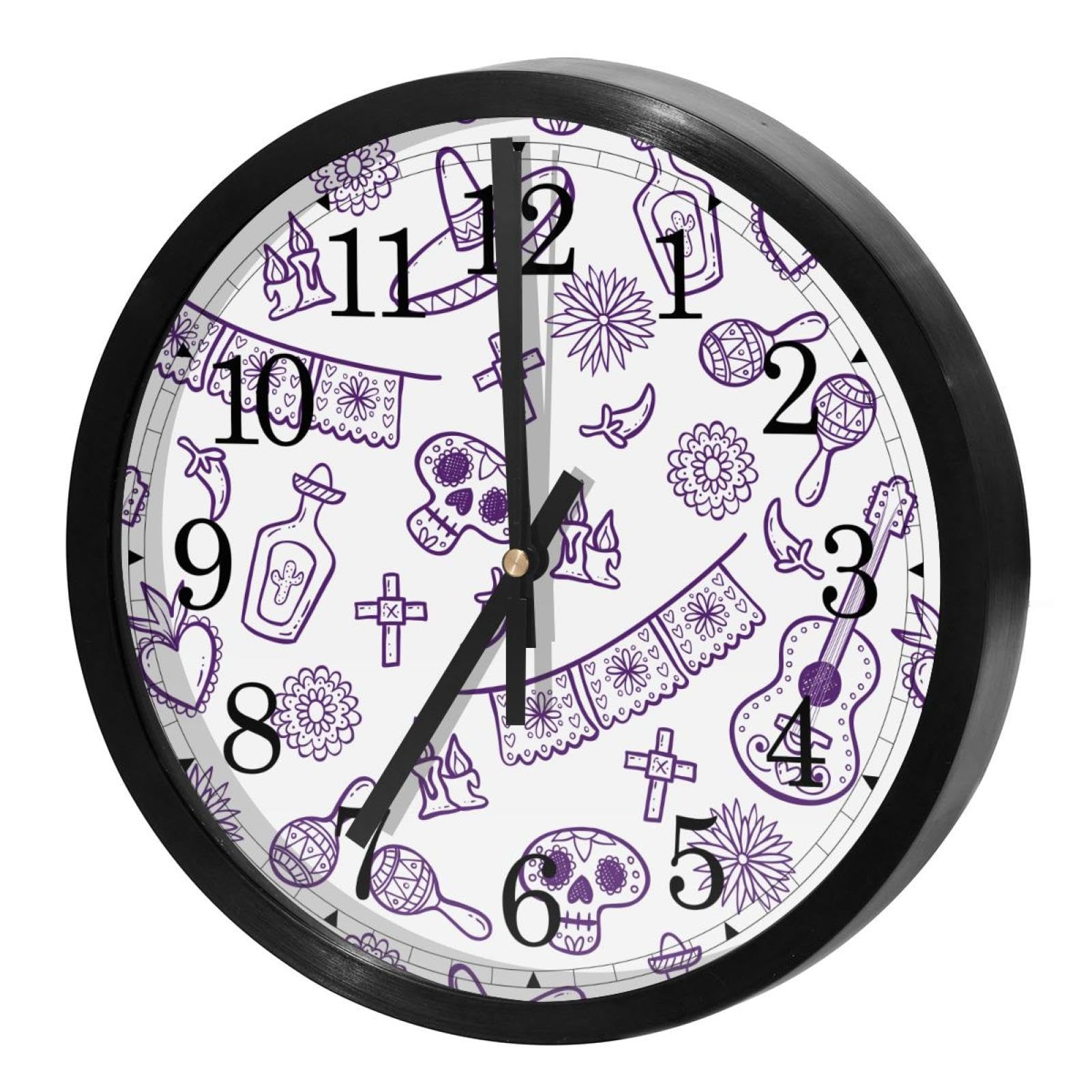 Horloge murale silencieuse à quartz Dia de Muertos violette pour la cuisine et le bureau