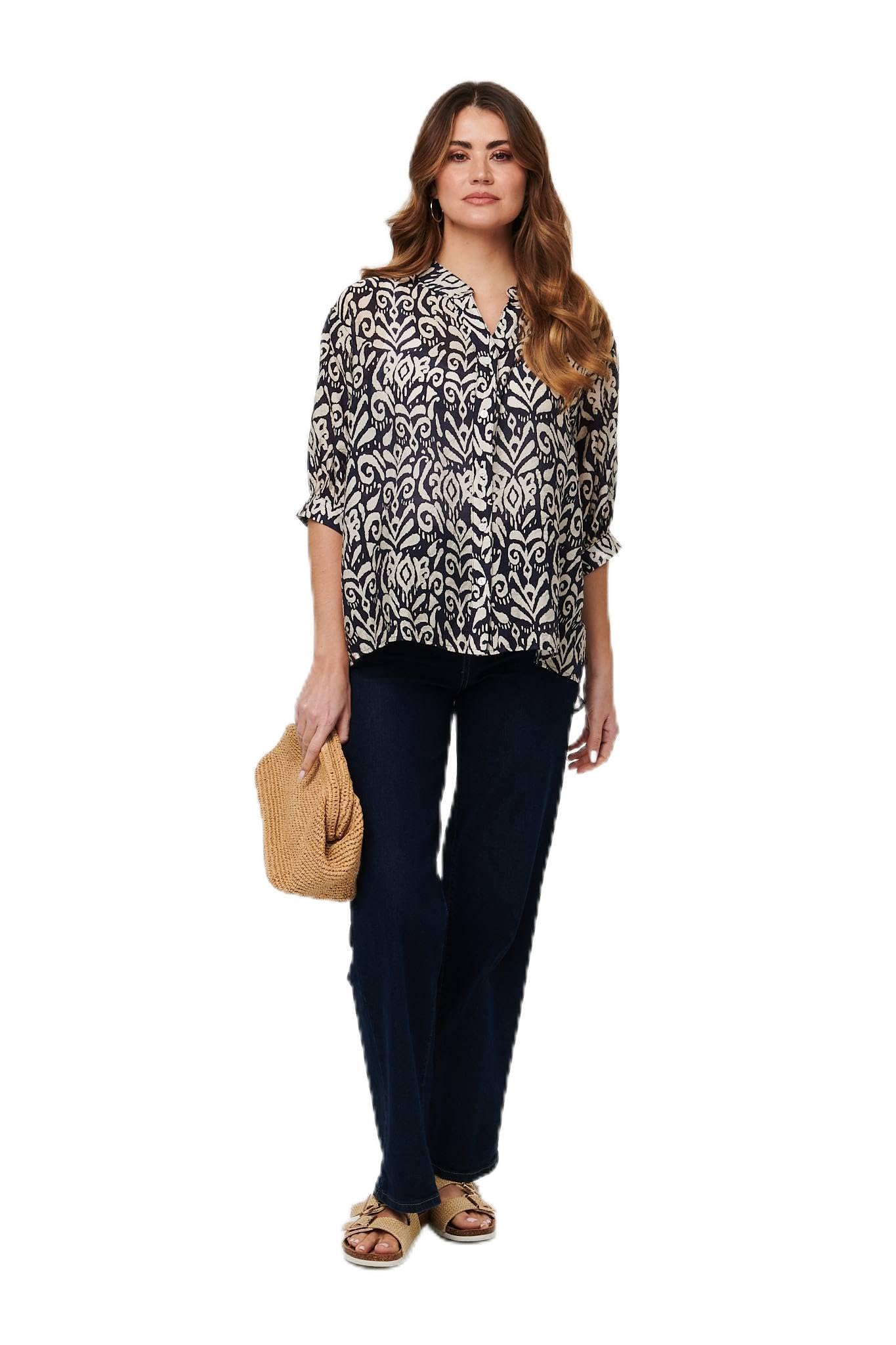 Izabel London Women's Navy Printed Button 3/4 Sleeve Relaxed Blouse In | Size: 12