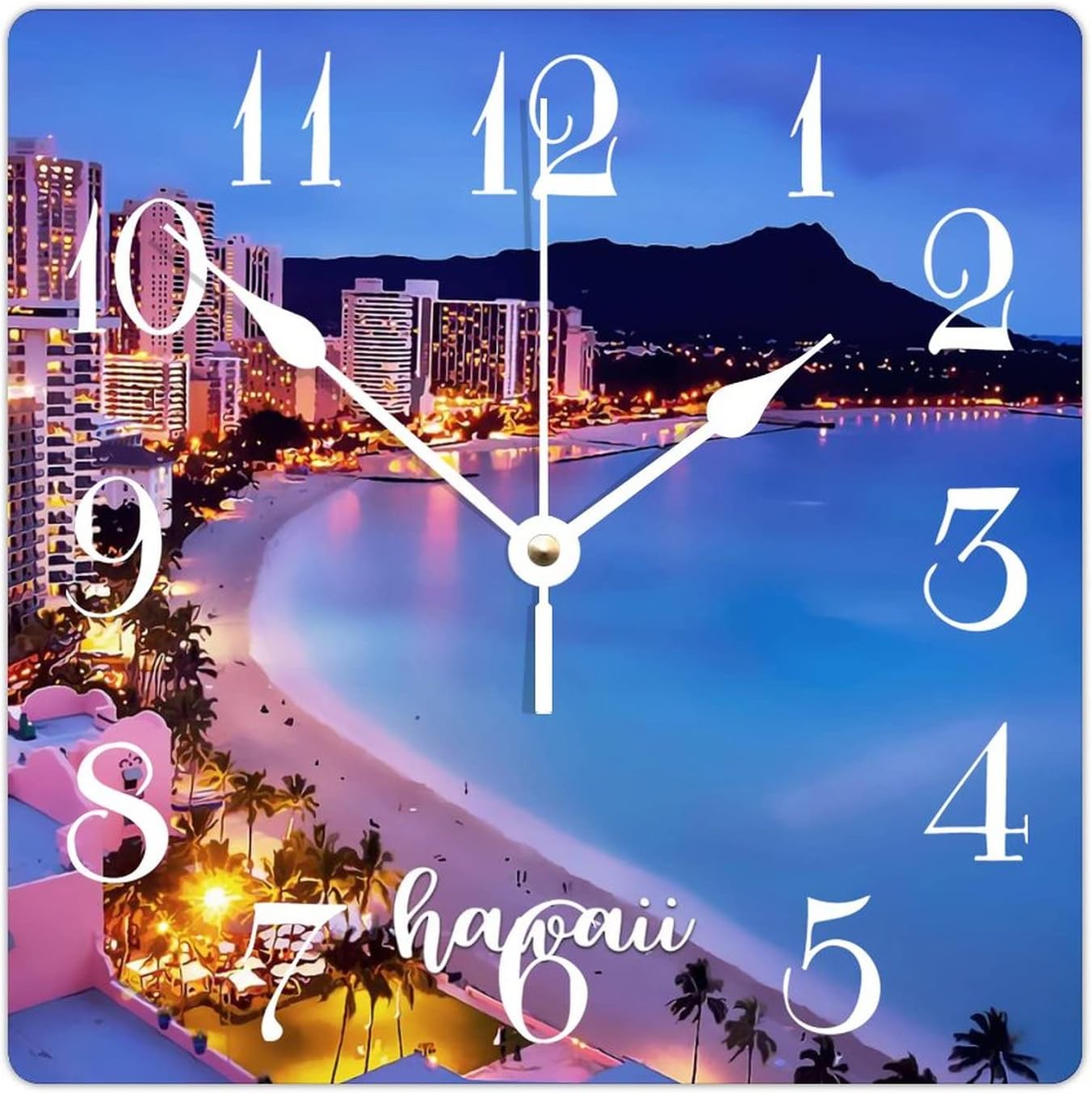 Square Wooden Wall Clock Hawaii City View Scenery Quiet Durable Wall Clock Countryside Wood Clock for Bedroom Kitchen Farmhouse Wall Hanging 12 Inch