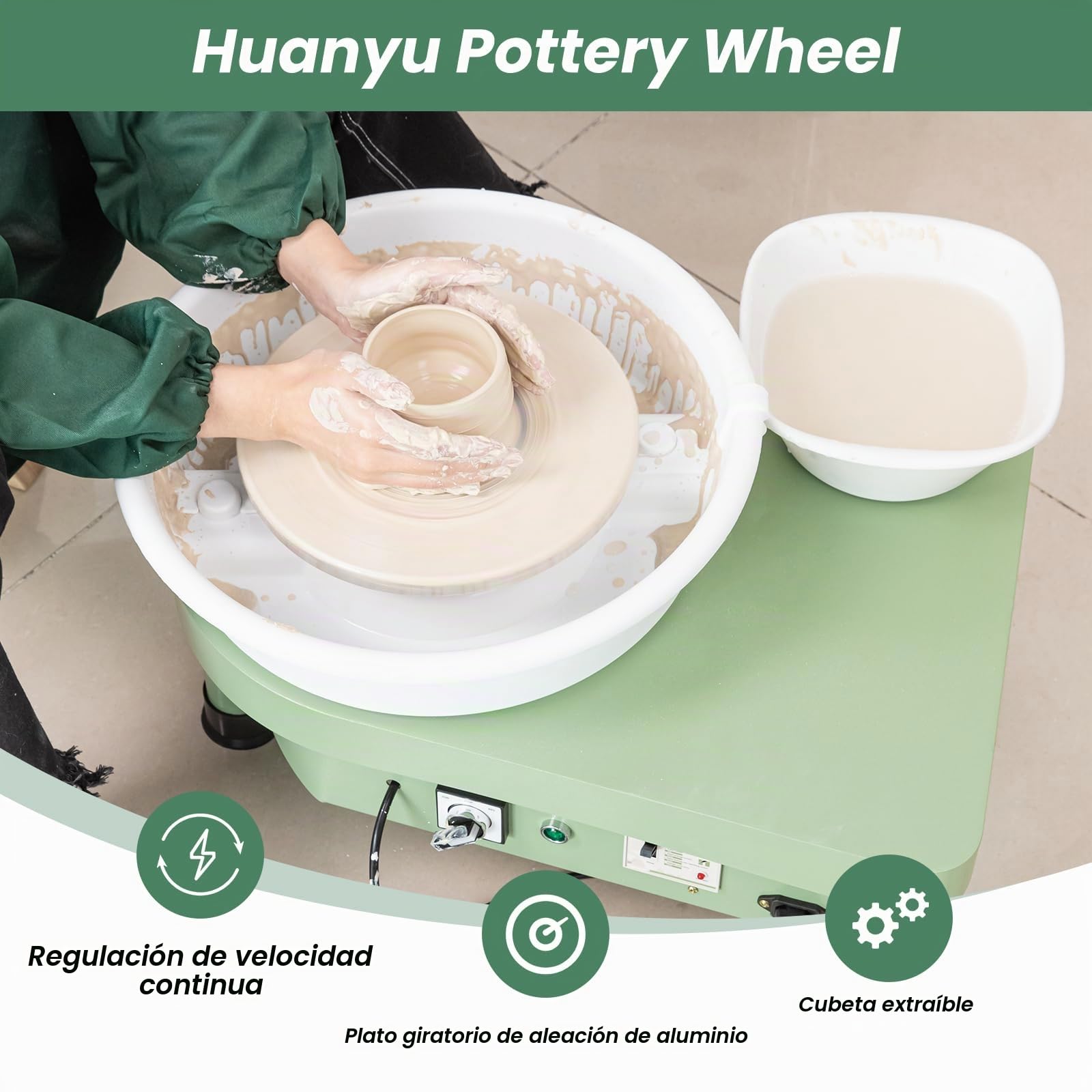 Huanyu Rueda de cerámica de 10 pulgadas con pedal de pie, máquina eléctrica de cerámica con lavabo desmontable para estudio de cerámica, bricolaje de cerámica en casa, escuela, Navidad