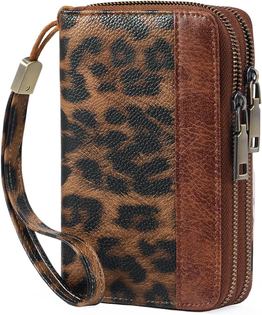 GOIACII Women's Wallet Double Zip Around Credit Card Holder Ladies Wallet Rfid Blocking Wristlet Purse Medium Size Leather Leopard Print