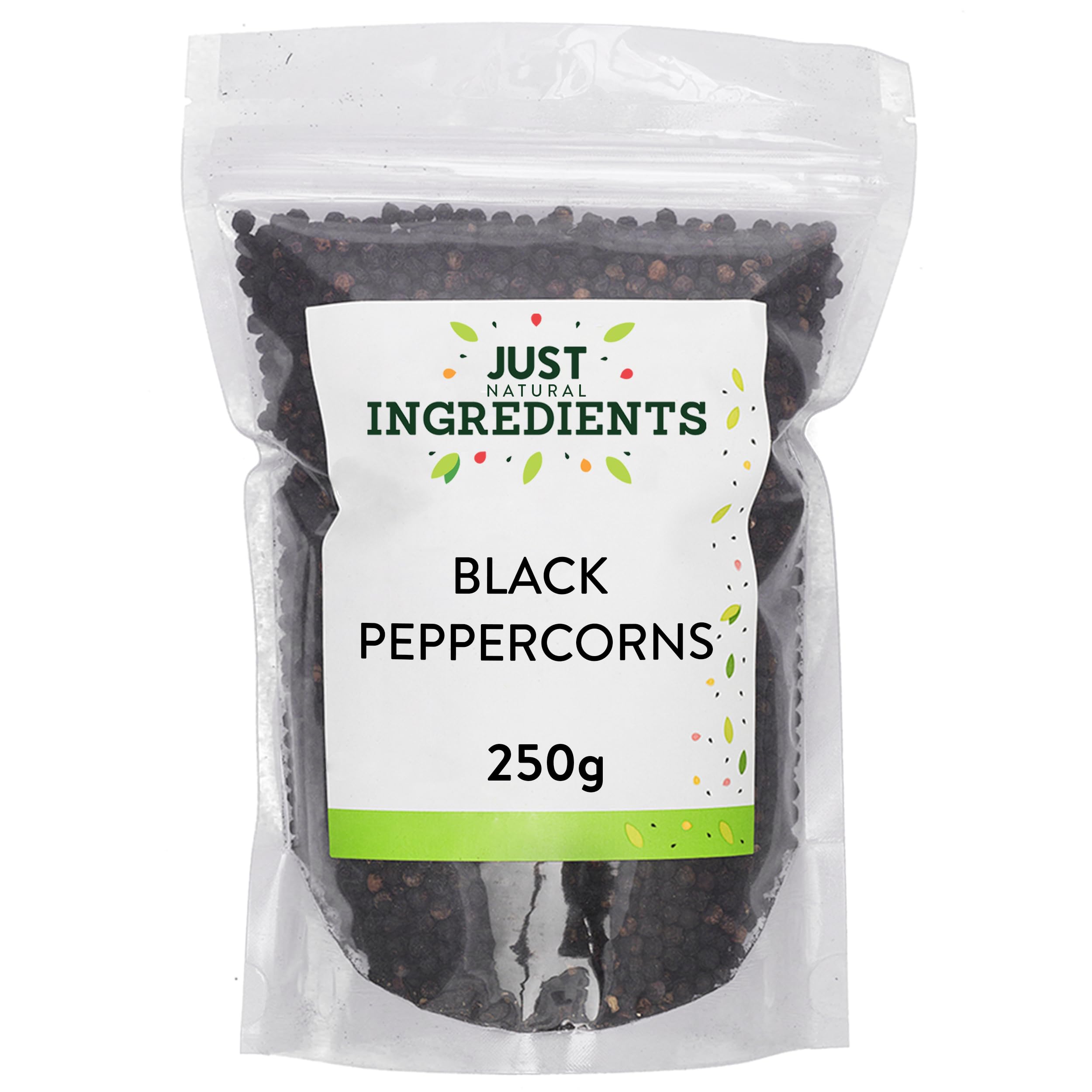 JustIngredients Black Peppercorns 250g, Organic Whole, Coarse Cracked Black Pepper for Grinder Mill, Seasoning, Spice, Fresh Pepper for Cooking