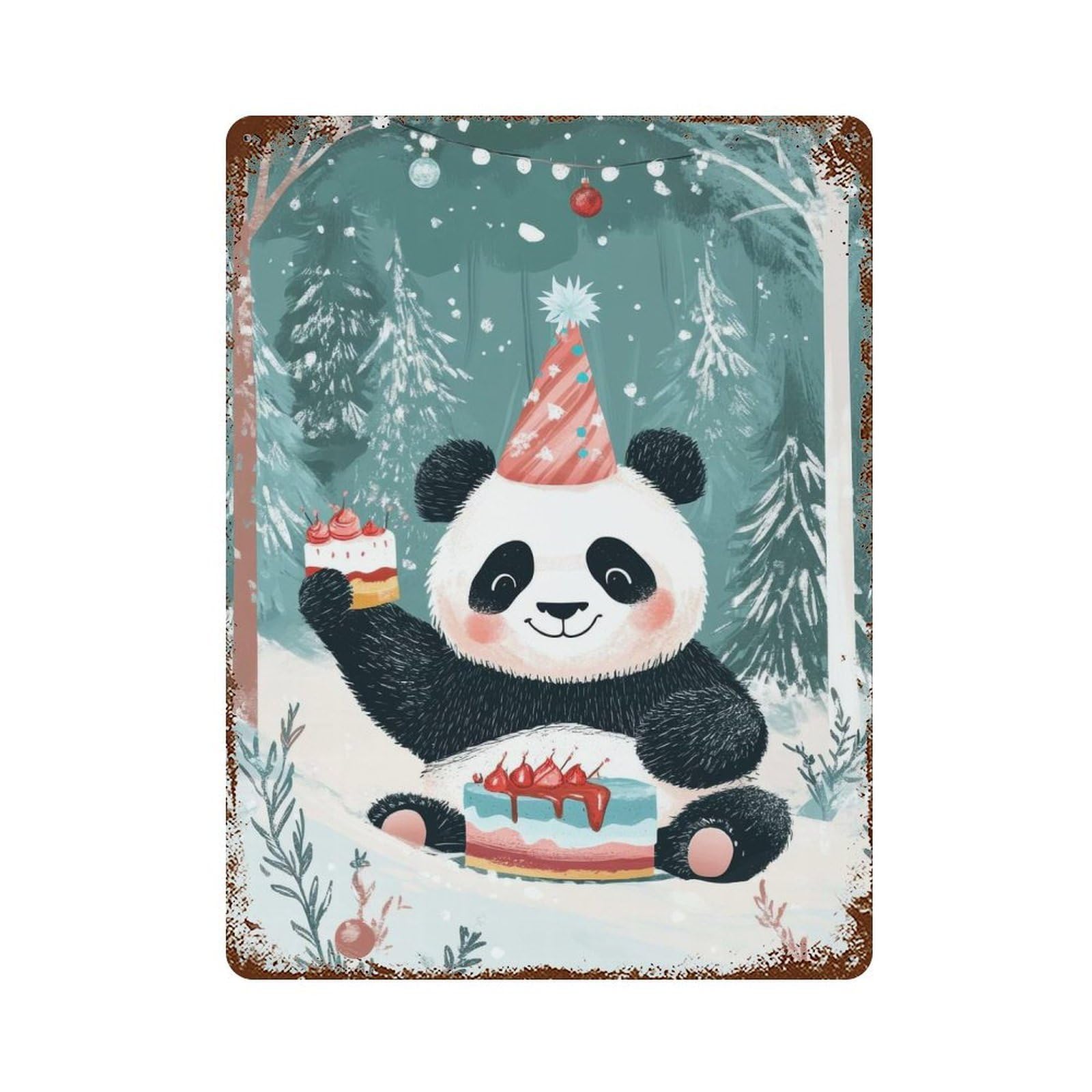 Rust Effect Panda Birthday in The Woods Rusty Metal Tin Sign 15.7"x11.8", Old School Wall Decor for Basement, Hobby Room And Garage Decor