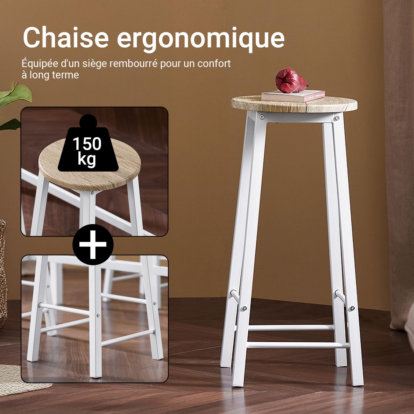 SoBuy Table Haute Mange Debout avec 4 Tabourets, Table de Bar Bistrot en Bois pour Cuisine 4 Personnes, Salon, Jardin et Extérieur Blanc-Naturel 120×100×40cm OGT22-WN
