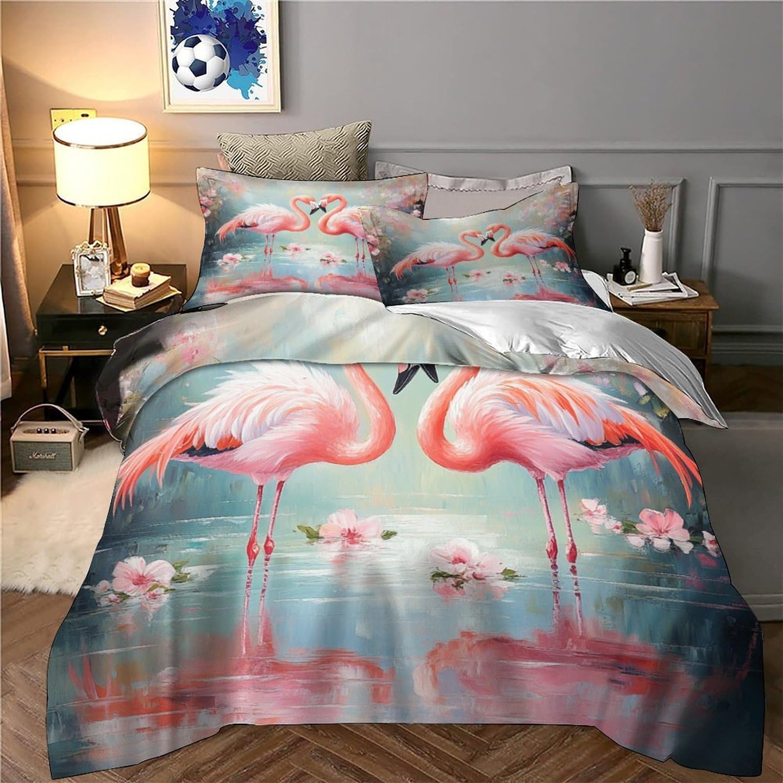 Flamingo-Pärchen 3D-Bedruckt 3er-Set Bettbezug Romantischer Aquarellstil Bettdeckenbezug Mikrofaser Hypoallergen Reißverschluss für Kleinkinder Jugendliche Frauen Super King（260x220cm）