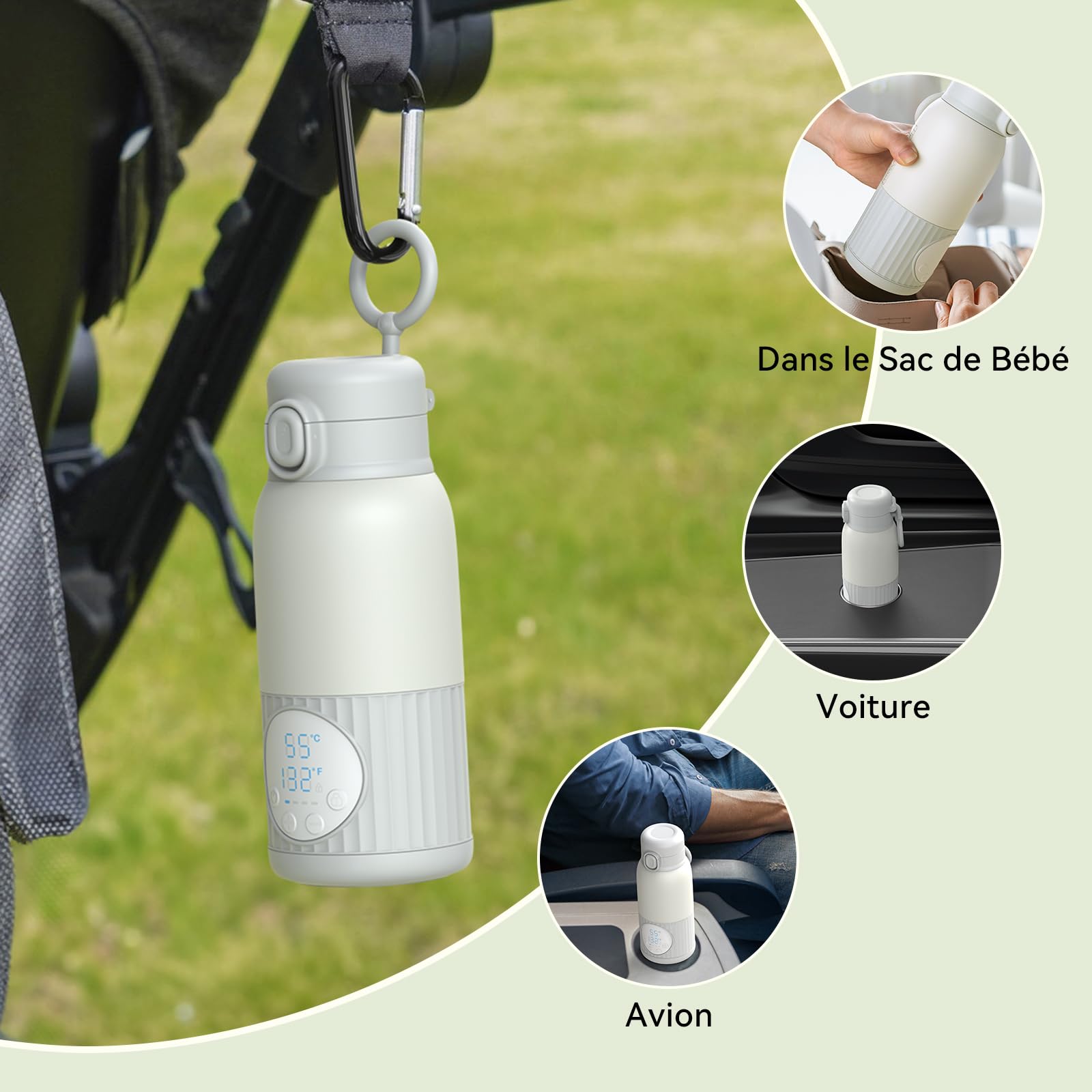 Chauffe-Biberon Nomade Portable Sans Fil 380ml, 2 Modes pour Lait Maternel et Eau, Température Réglable, Chauffage Rapide & Longue Autonomie, Recharge USB-C, Idéal pour Toute la Journée