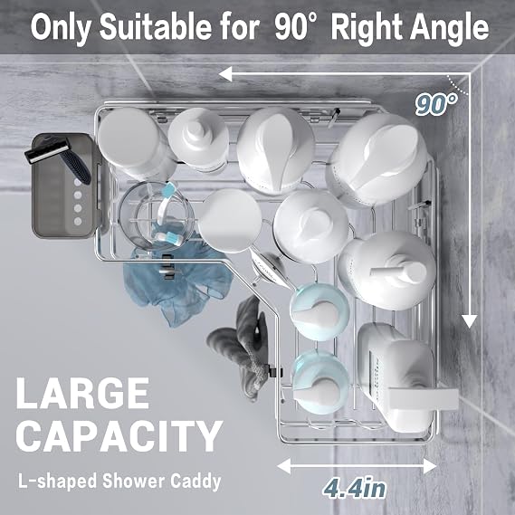AKTECKE Corner Shower Caddy Shelf Rack: 2 Pack Adhesive Shower Organizer Essentials - No Drilling Stainless Steel Bathroom Storage Rack with Hooks and Toothpaste Holder
