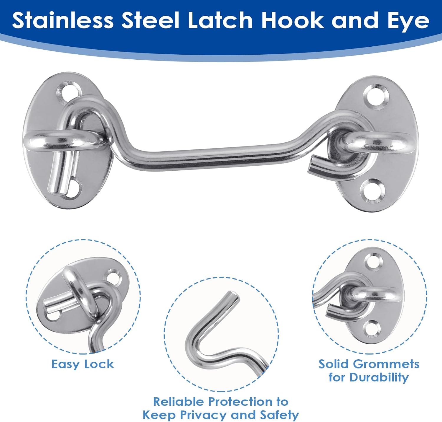 Amabro 4 Inch Hook and Eye Latch, Stainless Steel Door Latch Lock with Mounting Screws Barn Door Lock Cabinet Hook Eye Latch Security Privacy for Window Slide Door Bedroom Bathroom (Silver)