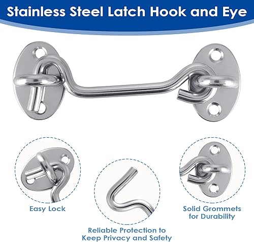 Miniatura 6 de Amabro Pestillo de gancho y ojal de 4 pulgadas, cerradura de puerta de acero inoxidable con tornillos de montaje, cerradura de puerta de granero,