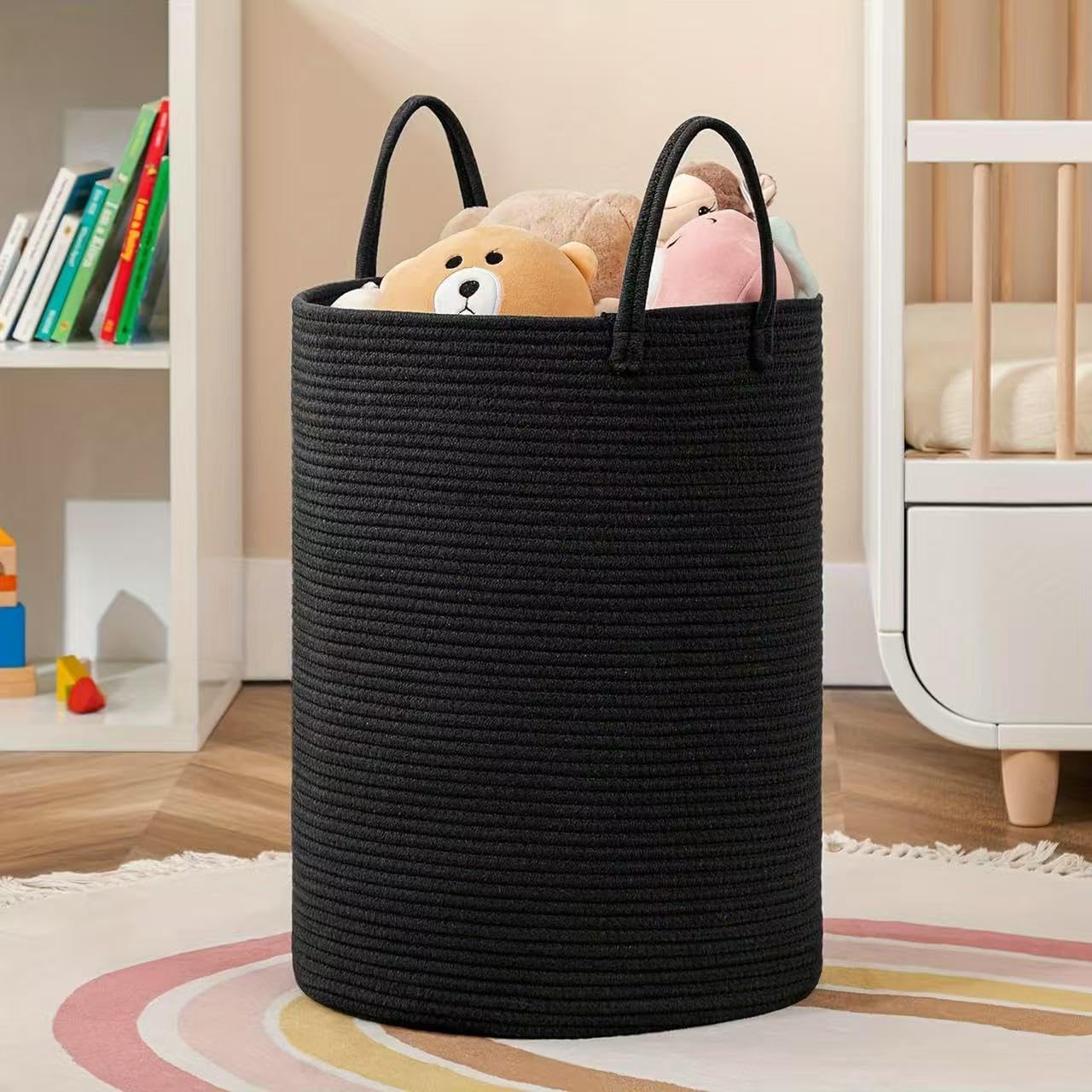 58L Cotton Rope Laundry Basket - Large Collapsible Storage Hamper with Handles Suitable for seasonal storage, toy storage, and a great gift for women (Black)
