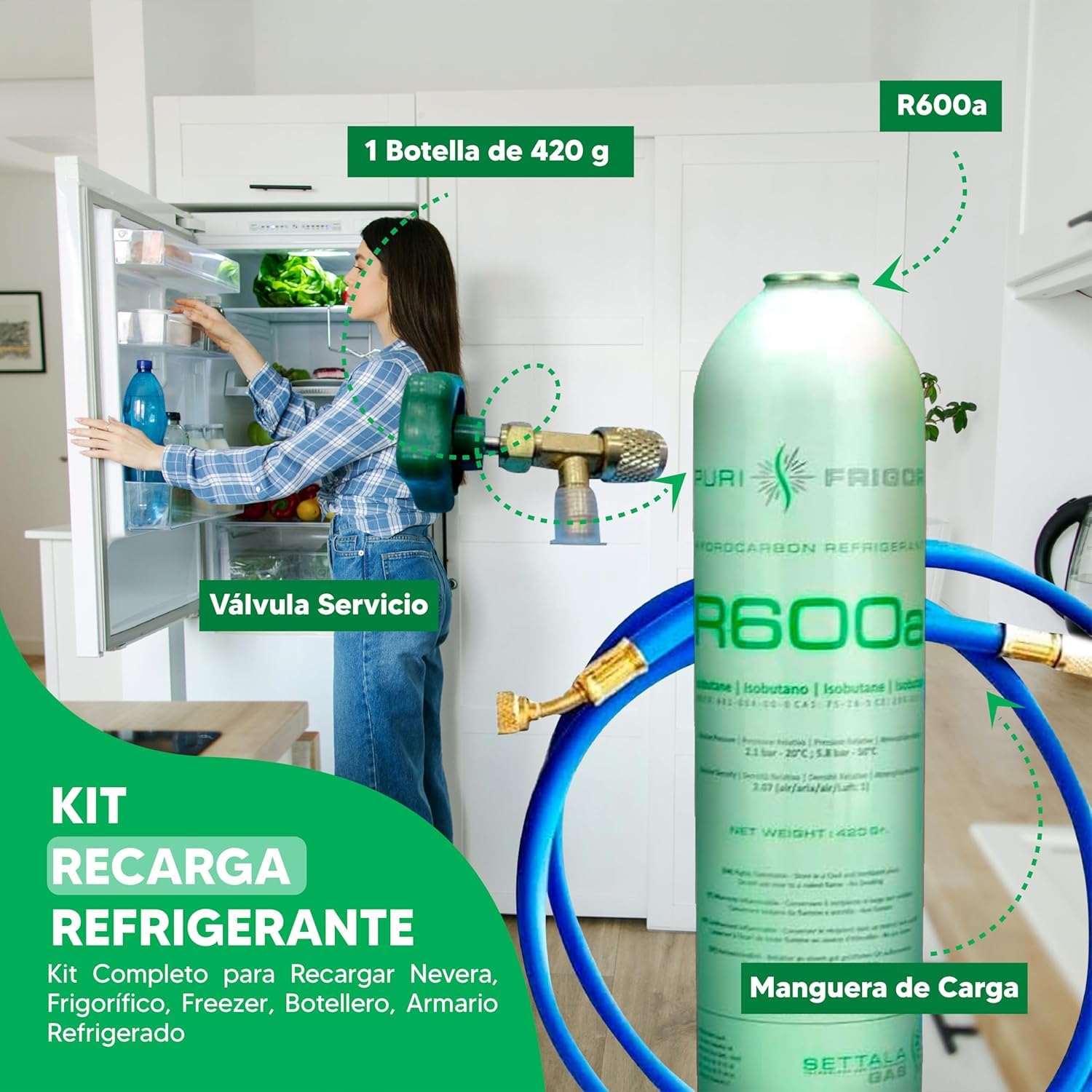 Reporshop - Kit di Ricarica Refrigerante - 1 Bombola da 420 g di Gas Refrigerante R600a - Valvola di Servizio - Tubo di Carica - Compatibile con Frigoriferi, Freezer, Armadi Freddi…
