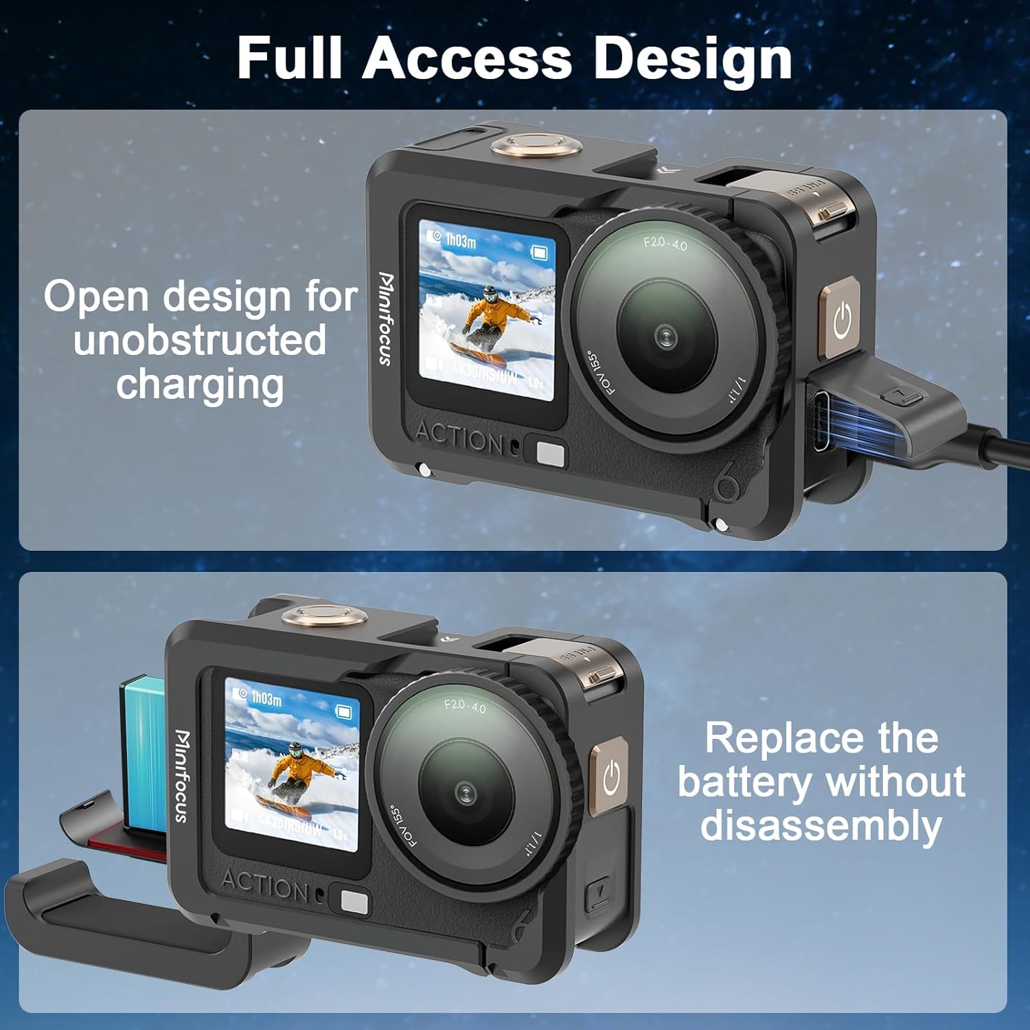 Camera Cage for DJI Osmo Action 6, Expansion Protective Frame Case with Cold Shoe 1/4"-20 Locating Holes, Quick-Release Aluminum Housing Cover for Tripod Selfie Stick, Action 6 Camera Accessories