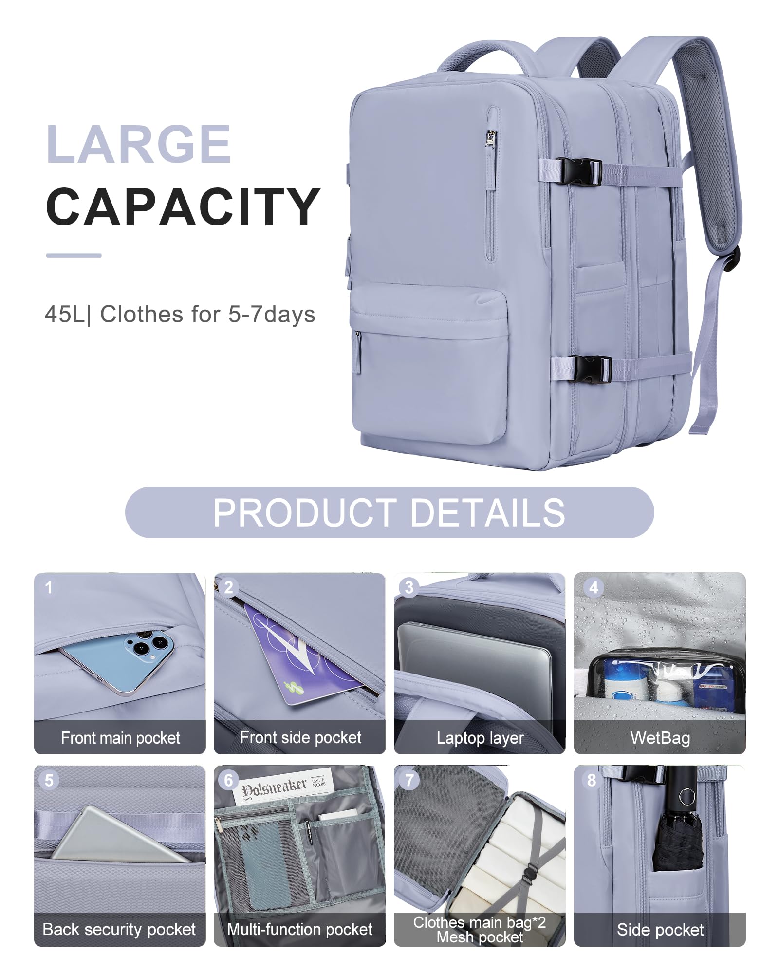 BJLFS Borse da Cabina per Ryanair 40×20×25 Bagaglio a Mano Easyjet 45×36×20 Borsa Zaino da Viaggio, Zaino da trekking,Zaino Casual per laptop da 14 pollici per scuola