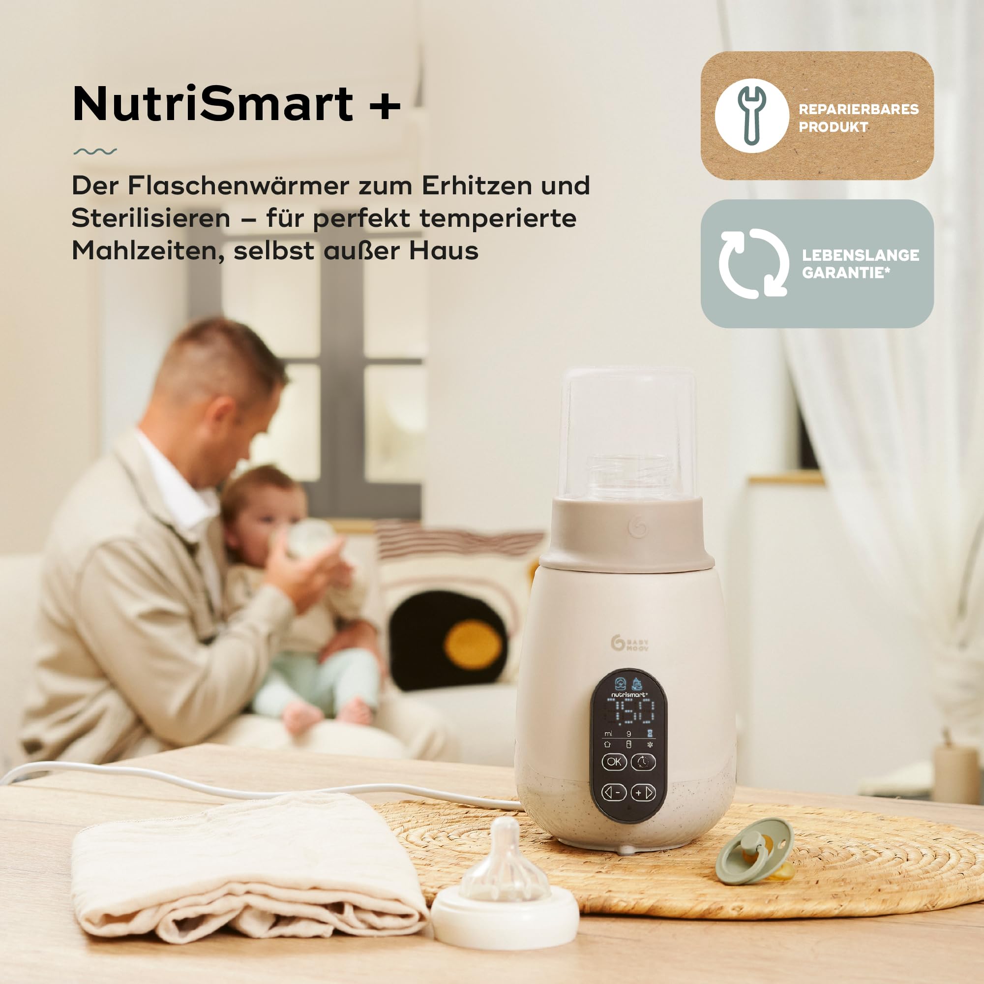 Babymoov Flaschenwärmer Baby NutriSmart+ - Tragbar, Programmierbar, für Zuhause & im Auto mit Adapter, Warmhaltefunktion für 1 Stunde, Sterilisator, ideal für Muttermilch, Babynahrung & Fläschen