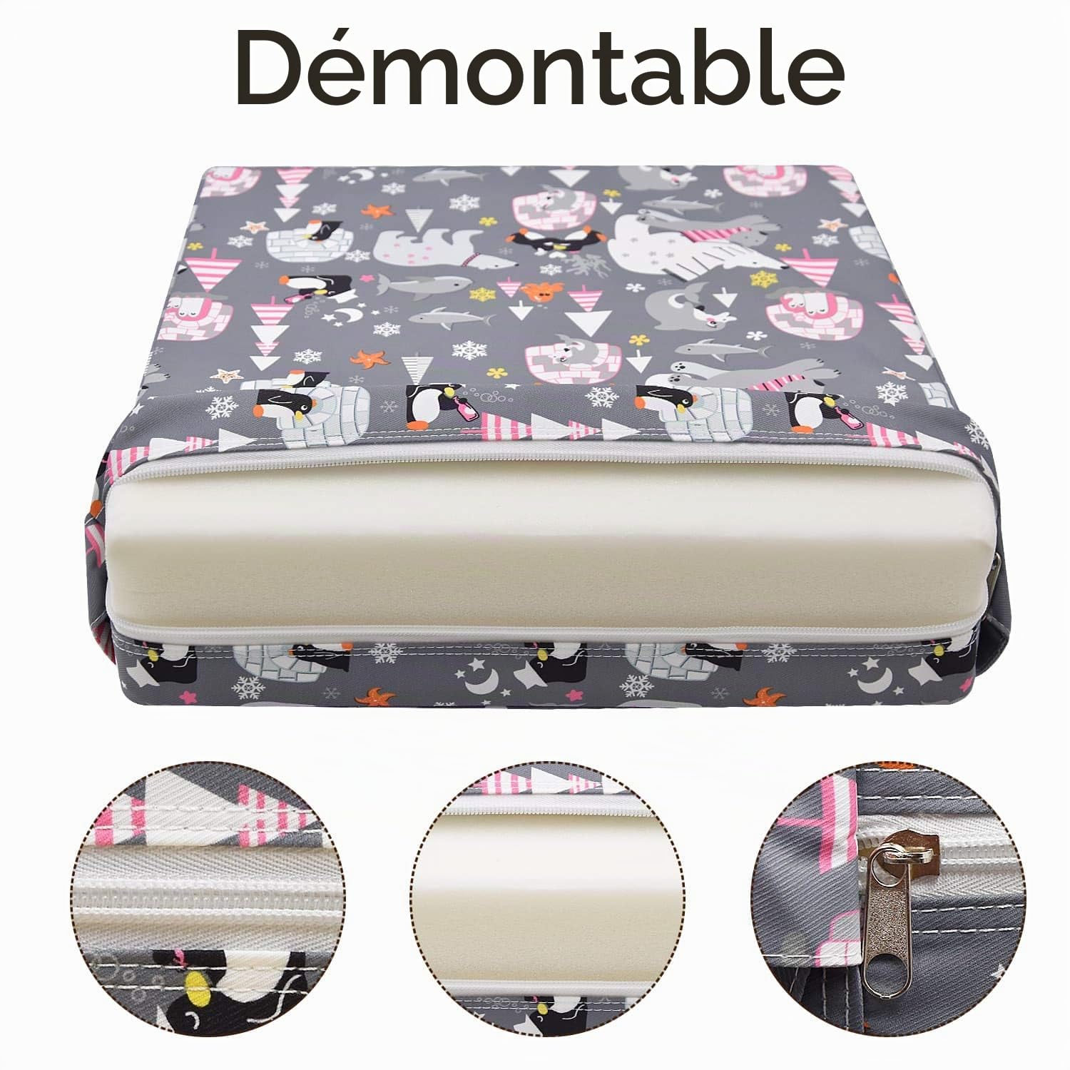Rehausseur Chaise Enfant Coussin, en Toile de Coton Lavable avec 2 Sangles, Boucle de Sécurité, Motif de Dessin Animé Pour Enfant (Gris Bears) 111