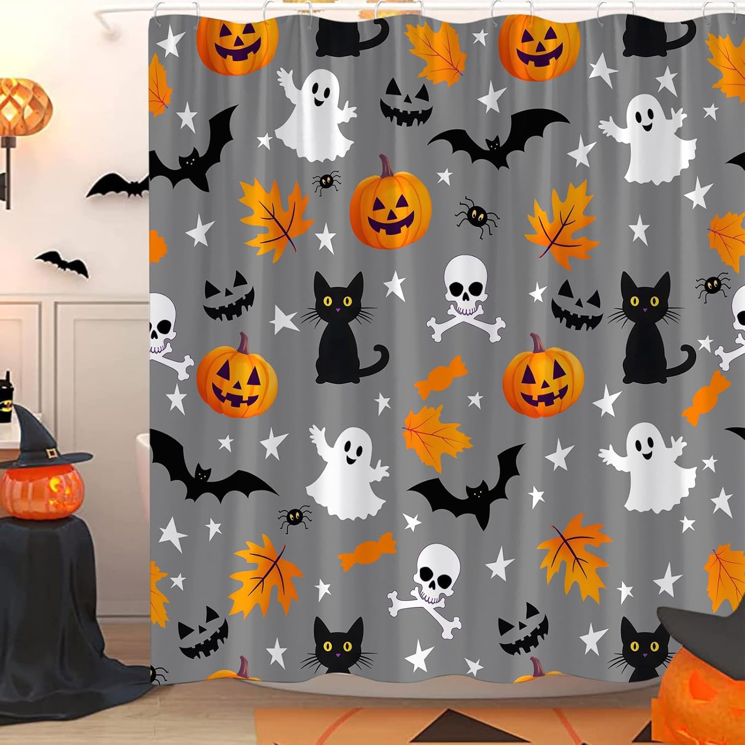 Halloween Shower Curtain Cute Cartoon Ghost Spooky Pumpkin Gothic Cat Funny Skull Map Leaf Spider Horror Bat Skeleton Bath Curtain with Hooks