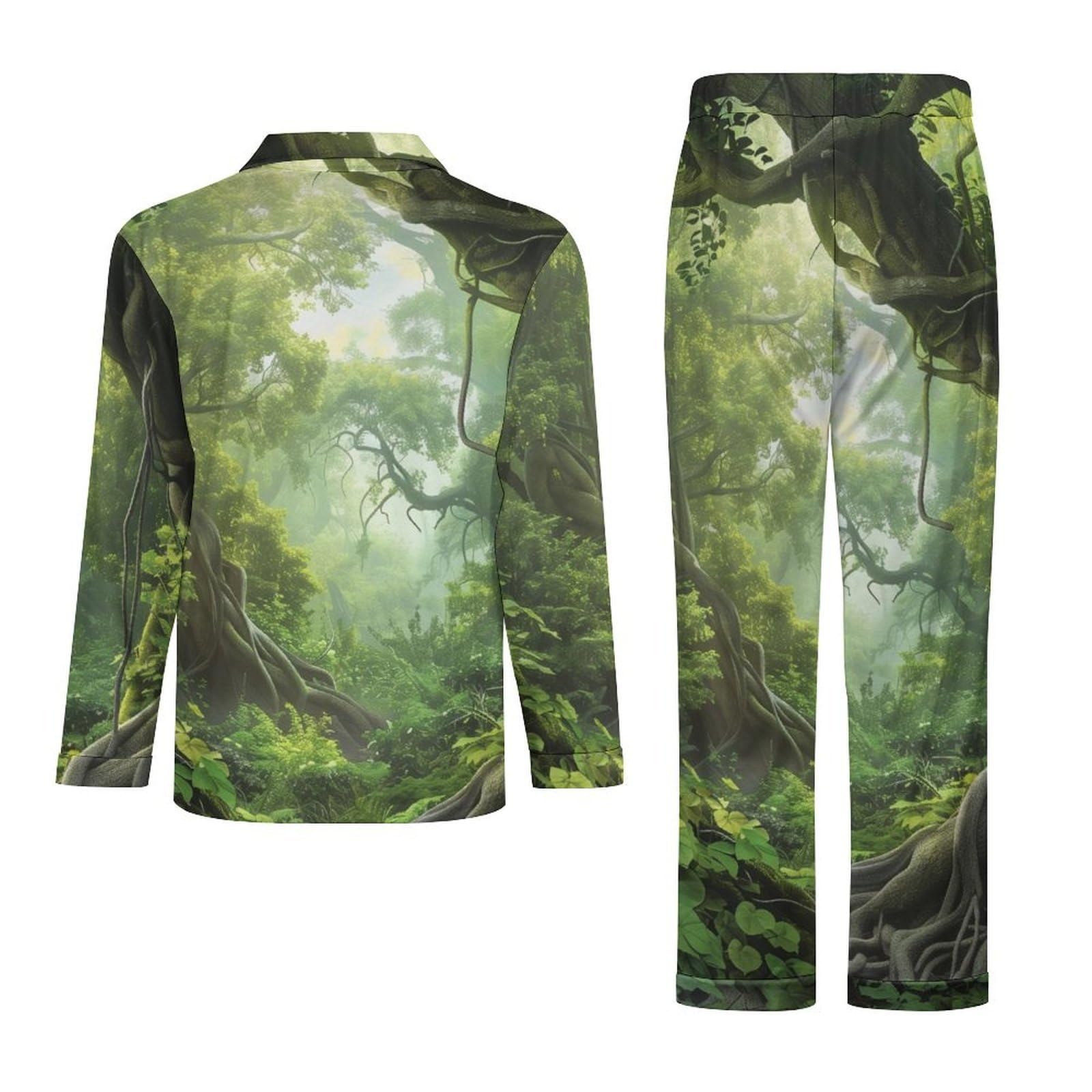 Pigiama Verde Uomo Cotone Primavera Foresta Antica Pigiama da Notte con Bottoni Pigiami Due Pezzi Maniche Lunghe Camicia e Pantaloni con Tasche