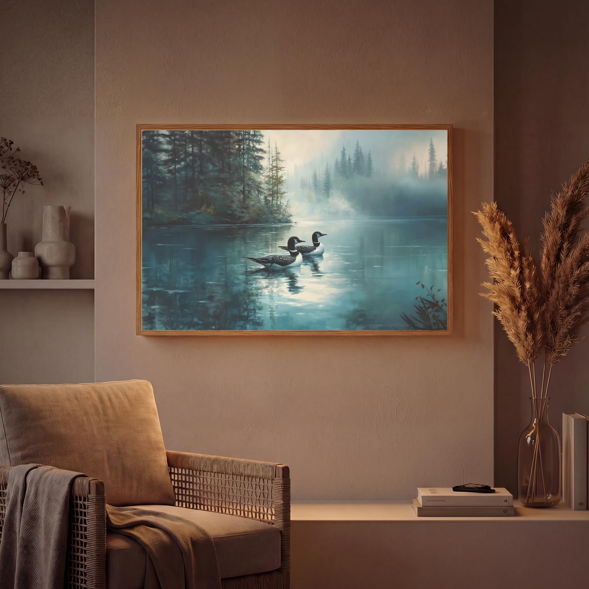 Moderne LED Wandleuchte Innen 90x60 cm Aufladbar Wandbeleuchtung Schlafzimmer Nachtlampe Flach Fernbedienung Warmes Still Licht Dimmbare Lampe Wald - Wasser - Enten - Neblig