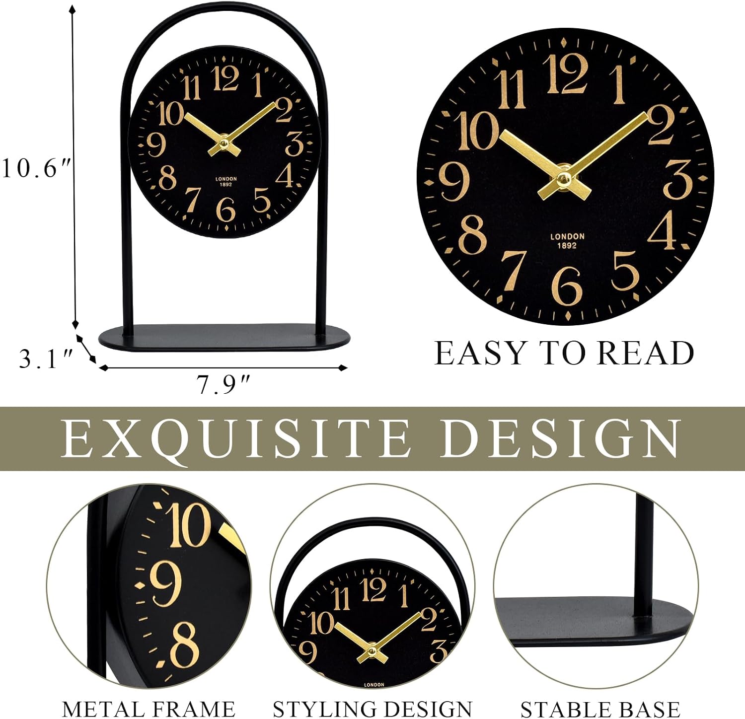 Modern Black Desk Clock - 10.6 Inch Arched Table Clock with Silent Non-Ticking Quartz Movement, Battery Operated Decorative Mantel Clock with Gold Arabic Numerals for Bedroom, Shelf & Office Decor image 4