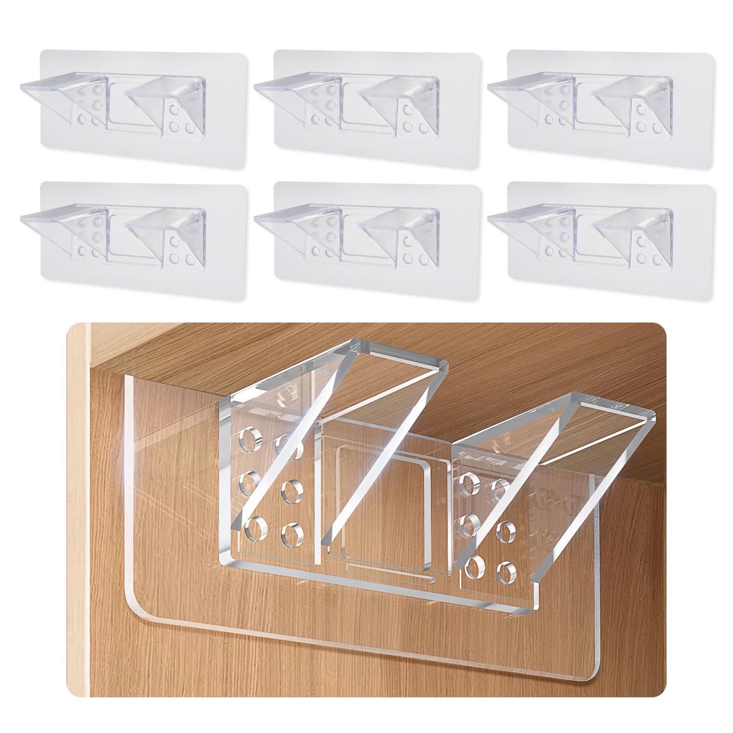 UBRAVE 6 Pcs Shelf Support Pegs, No Drill, Self Adhesive Shelves Clips, L-Shaped Shelf Support Holder Fixing Sticking Hook, for Kitchen Bookcases Closets Cabinets Etc, Transparent — image 1