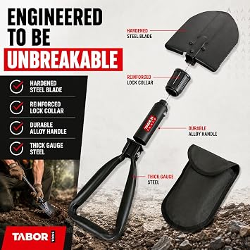 TABOR TOOLS J35A Folding Shovel, Portable Survival & Camping Shovel, Compact Tactical Entrenching E-Tool for Off-Road, Beach, Snow & Emergencies, Steel Blade with Carrying Pouch