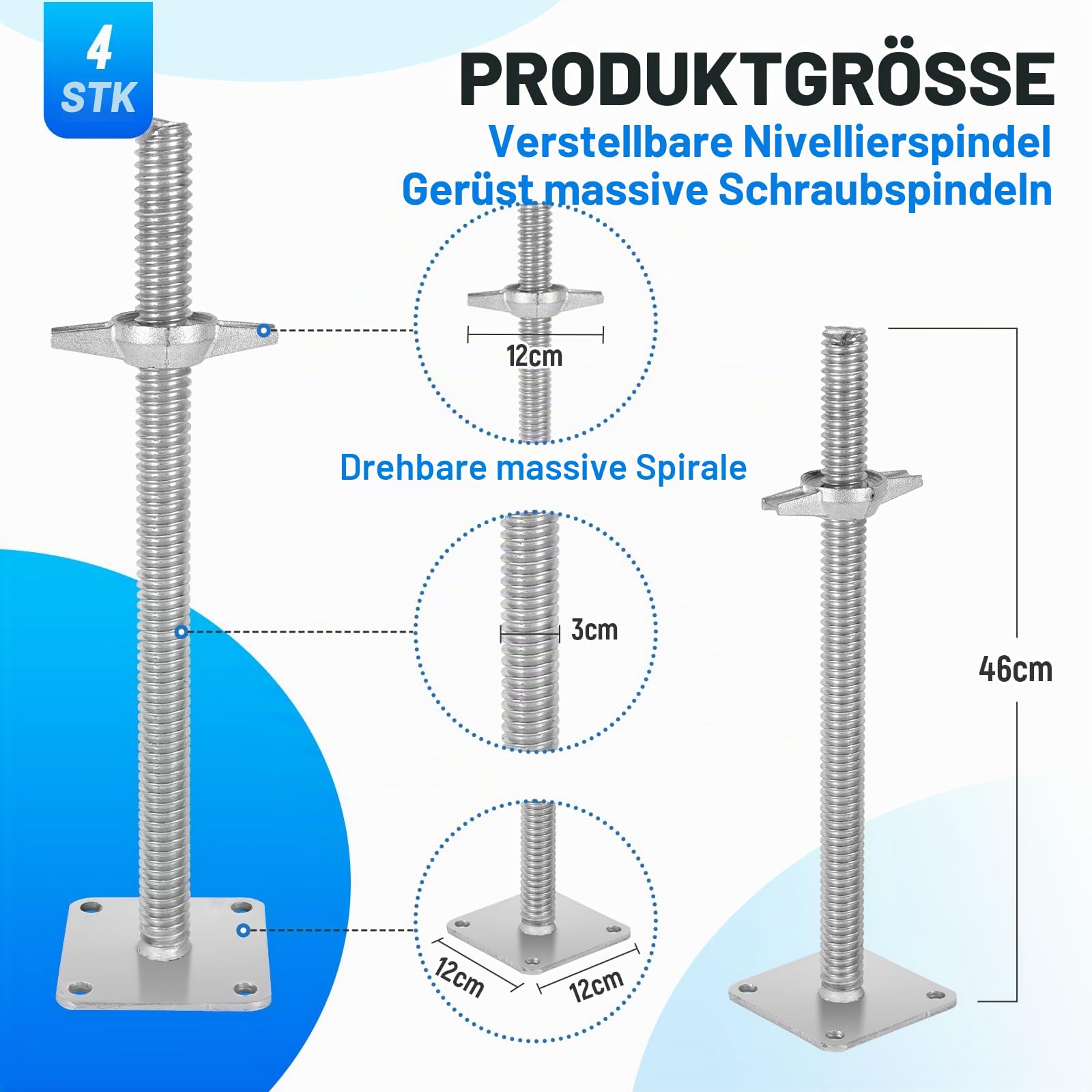 BAOSHISHAN Gerüstspindel 460 x 30 mm, 12 x 12 cm Sockel, Verstellbarer Gewindefußplatte für Gerüste, 4 Stück/Set