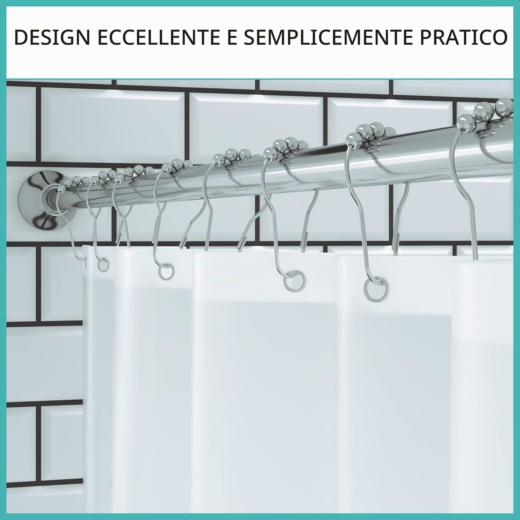Asta per tenda da doccia senza foratura, con 12 anelli – Stabile asta telescopica da 120 – 215 cm senza foratura, in acciaio inox – Set di aste per tenda da doccia e vasca da bagno