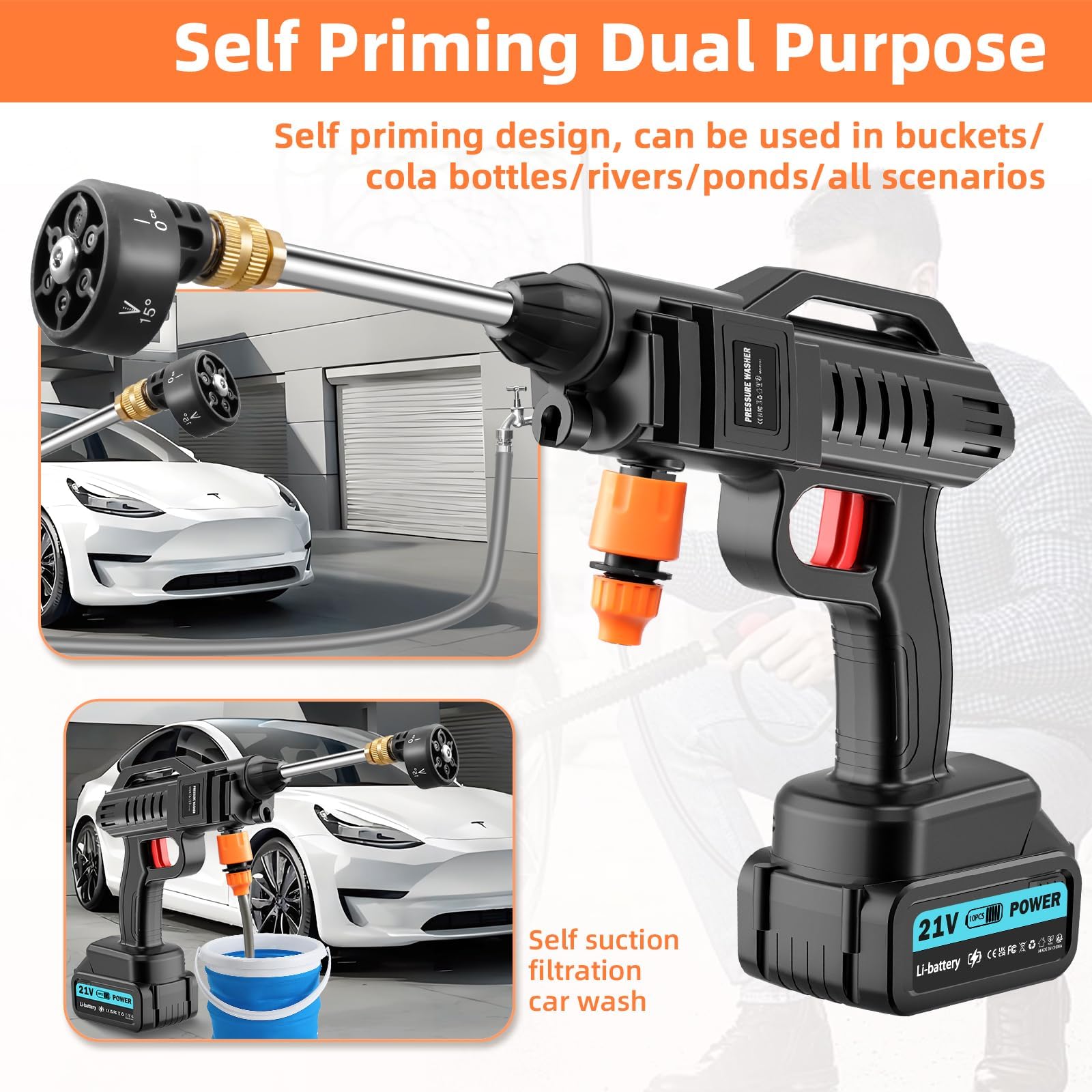 Nettoyeur Haute Pression sans Fil,Batterie 21 V,62 Bars,avec 2 Batteries, Tuyau de 5m,buse Multifonction 6 en 1 et réservoir de Filtre. Idéal pour Voitures,pelouses,piscines