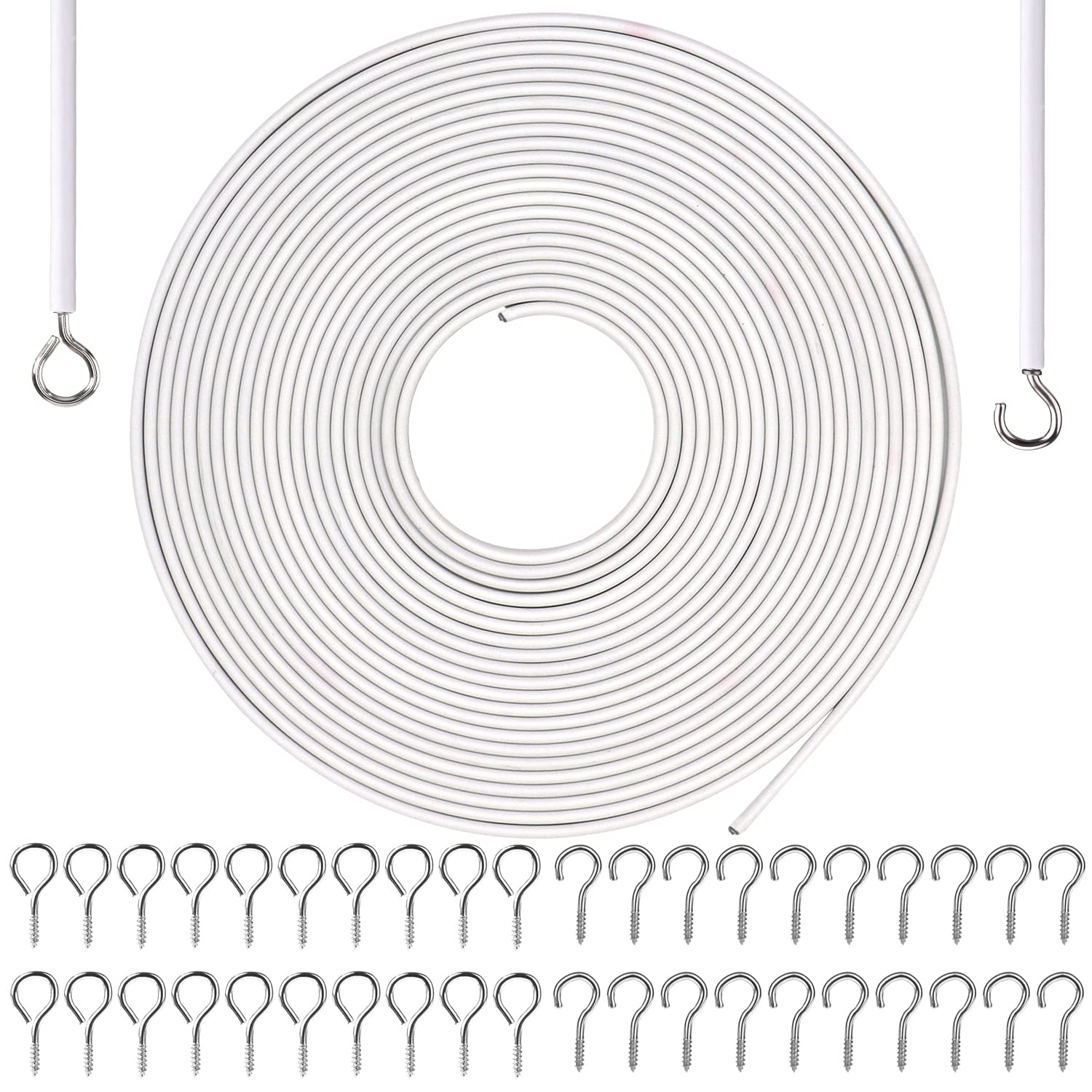 GGOUPTY Net Curtain Wire 10 Metre Length with 20 Eyes 20 Hooks White Hanging Cord Kit Multipurpose Wire Cord for Hanging Net Curtain Photos Crafts