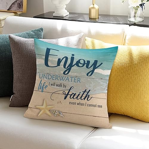 Miniatura 6 de Funda de almohada con temática del océano Sea Sta decoración náutica de playa, funda de cojín cuadrada con diseño de paz viene en ondas, funda de