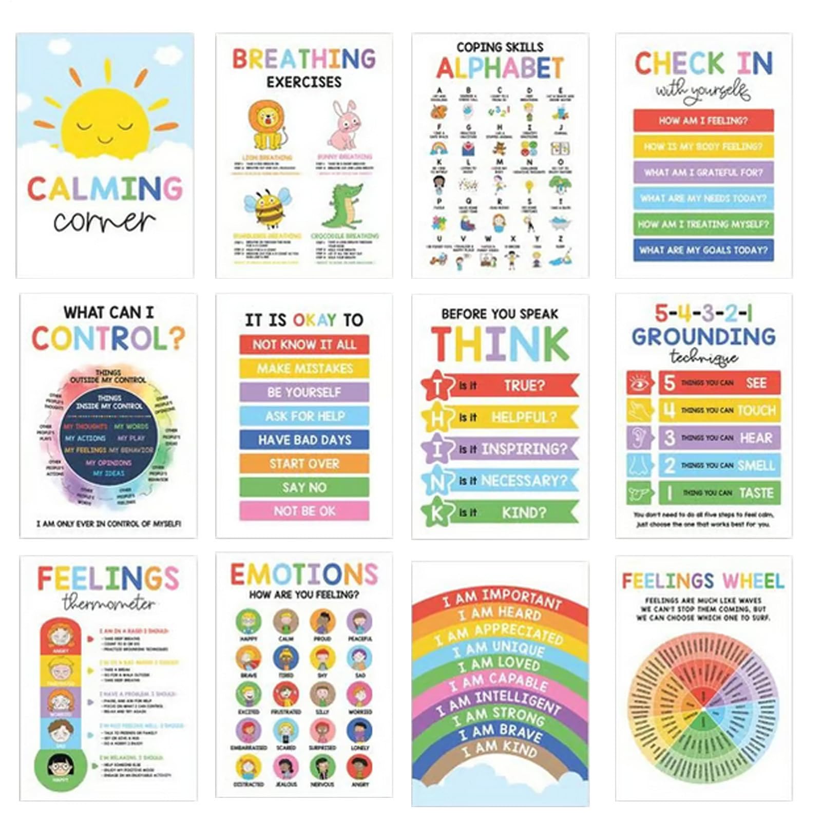 12Pcs Calming Corner Posters, Kids Feelings Wheel Chart Emotions Poster, Peaceful Section Poster, Soothing Space Items, Sensory Wall Art For Preschool Home Toddler Teachers Program Space Bedroom
