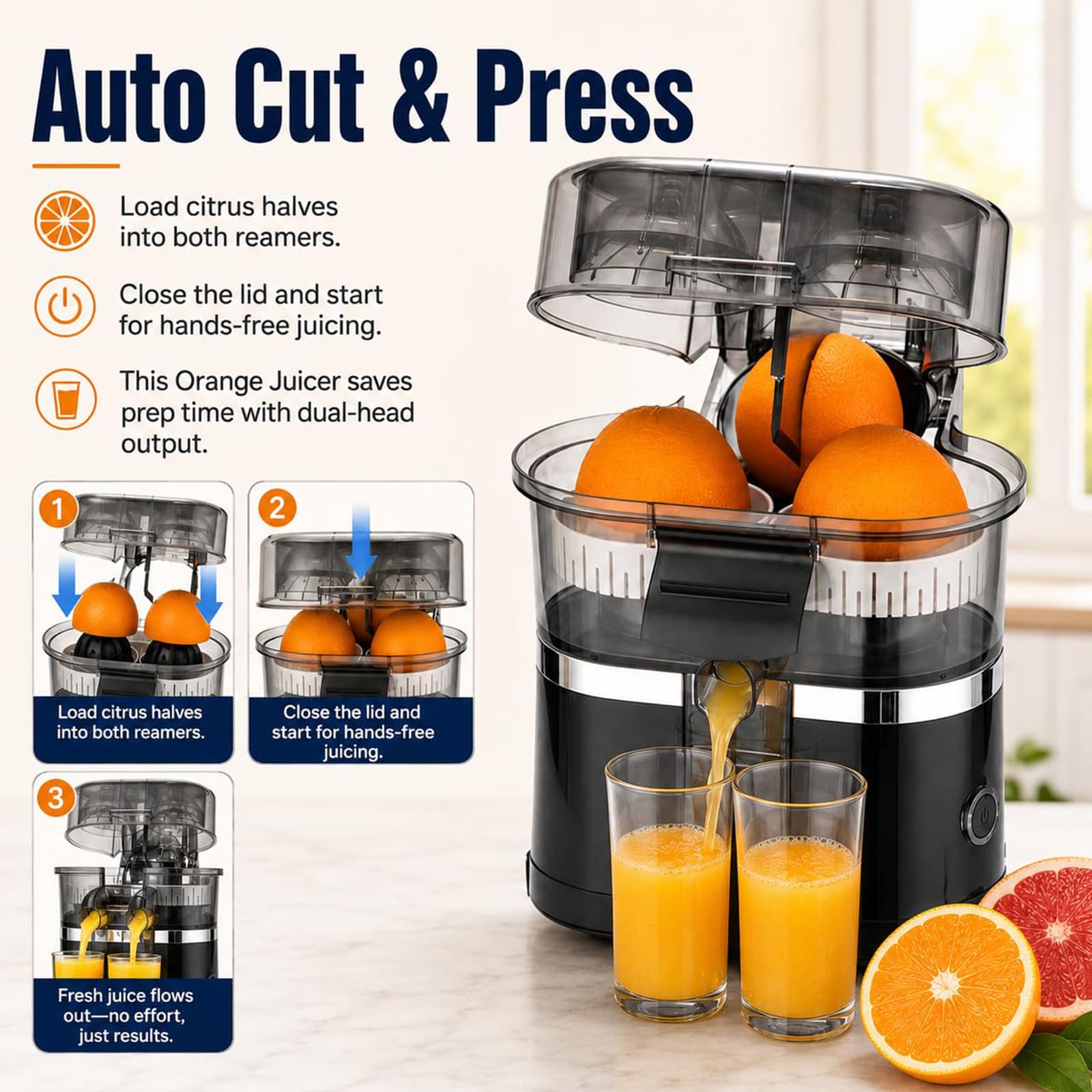 Exprimidor Eléctrico de Cítricos de Doble Cabezal, Exprimidor de Naranjas y Limones de 400ml con Motor de 18000RPM, Exprimidor Automático de 100W con Cortador de Frutas y Piezas Desmontables white