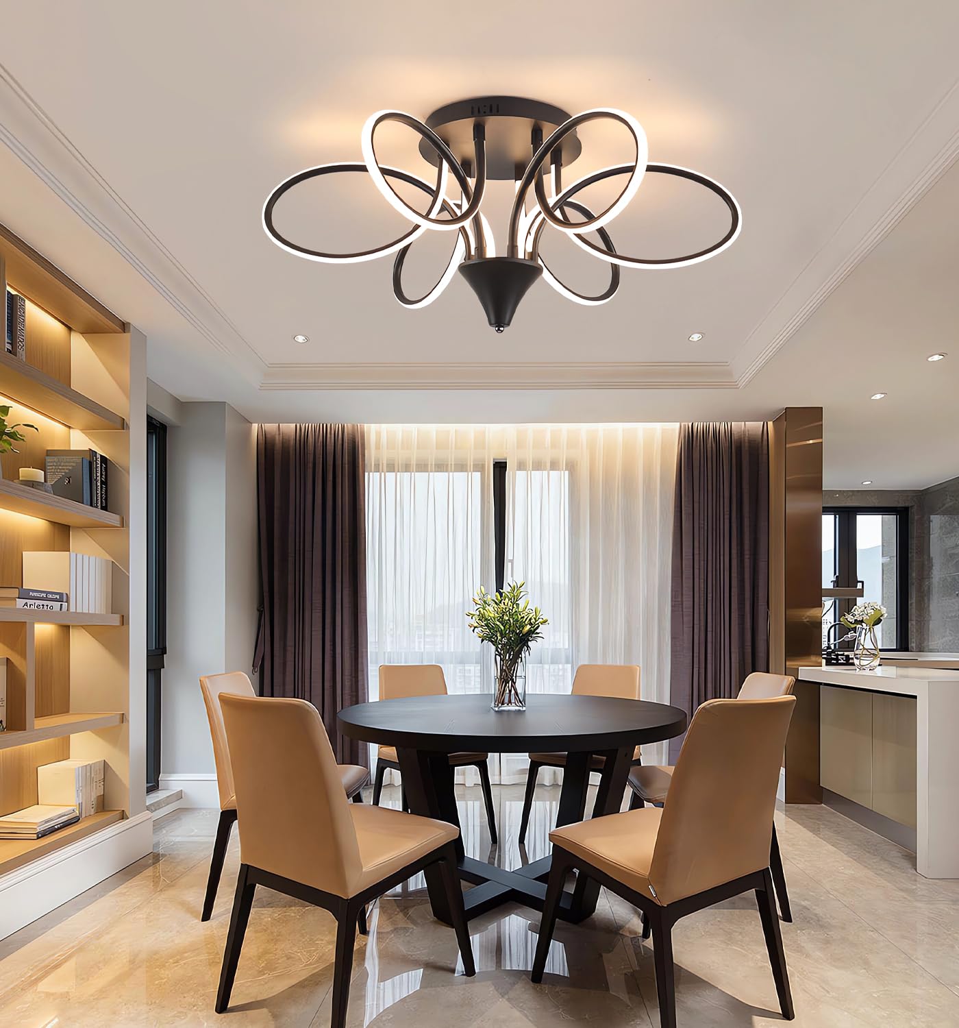 Nowoczesna lampa sufitowa LED 90W Nordic Oświetlenie sufitowe Możliwość przyciemniania Lampa sufitowa do salonu Żyrandol do jadalni z pilotem Sypialnia Wiszące światło sufitowe (Czarny, Φ75cm)