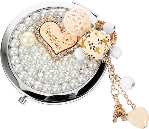 Mini espejo de maquillaje, cartera de viaje, billeteras de metal, espejo compacto con borla de corazón amoroso, espejo cosmético, espejo de aumento